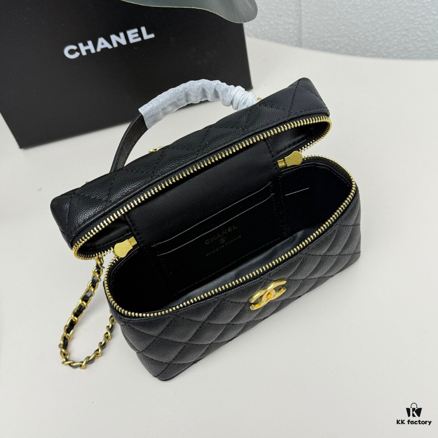 CHANEL 25P Black and Gold Brushed Logo Flat Box Bag in Top-Grain Caviar Leather