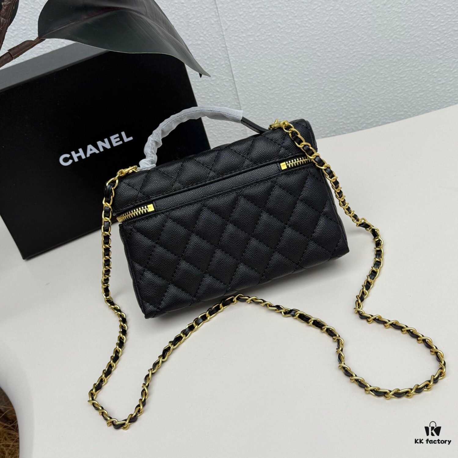 CHANEL 25P Black and Gold Brushed Logo Flat Box Bag in Top-Grain Caviar Leather
