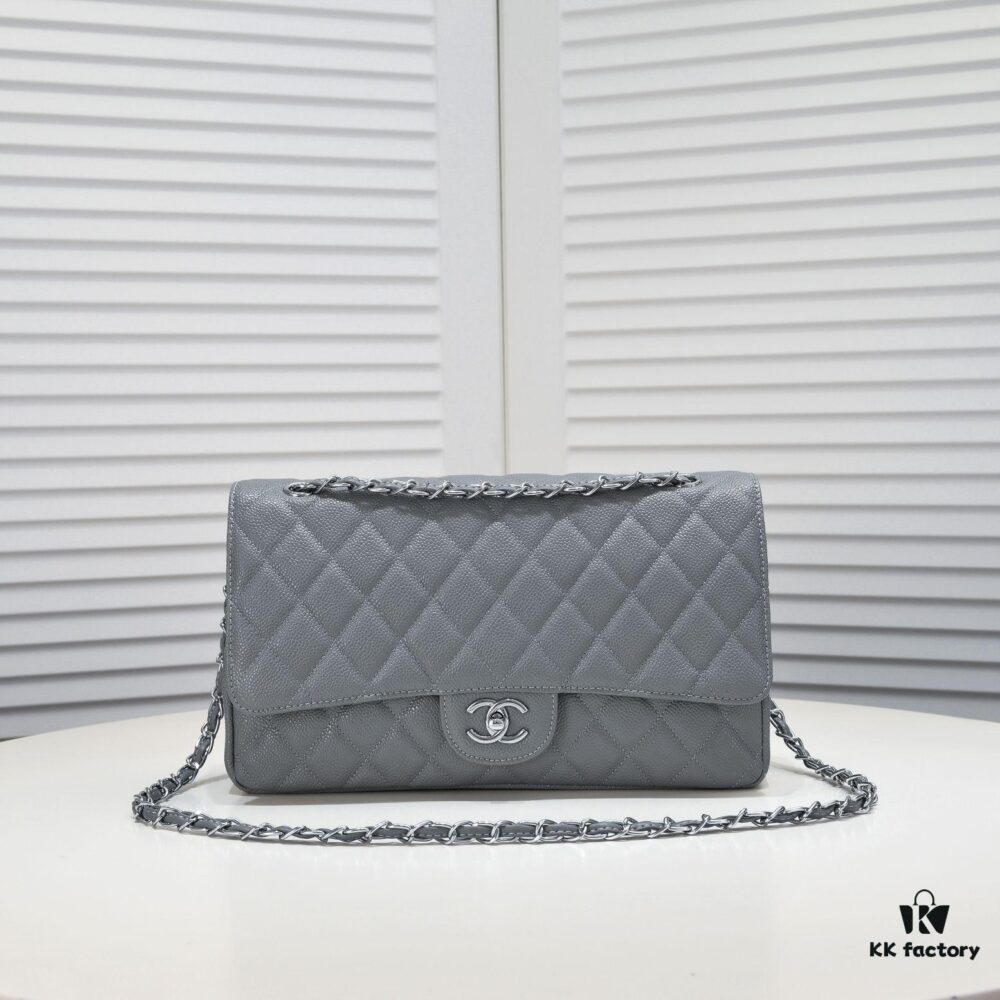 Gray Chanel Classic Flap Bag, Century Iconic Style, Premium Imported Caviar Leather with Authentic Hardware