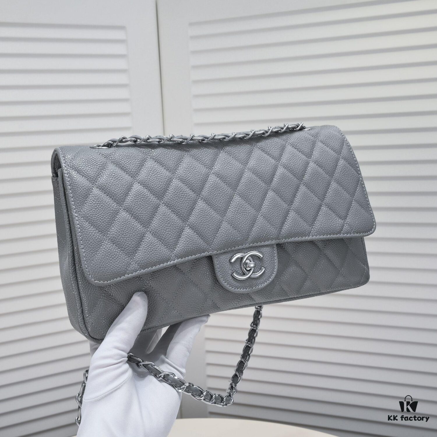 Gray Chanel Classic Flap Bag, Century Iconic Style, Premium Imported Caviar Leather with Authentic Hardware