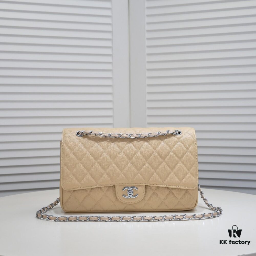 Beige Chanel Classic Bag, Century Iconic Style, Made with Precision Craftsmanship, Imported Caviar Calfskin with Original Hardware, Quilted Pattern Fullness, Perfect Soft Silhouette