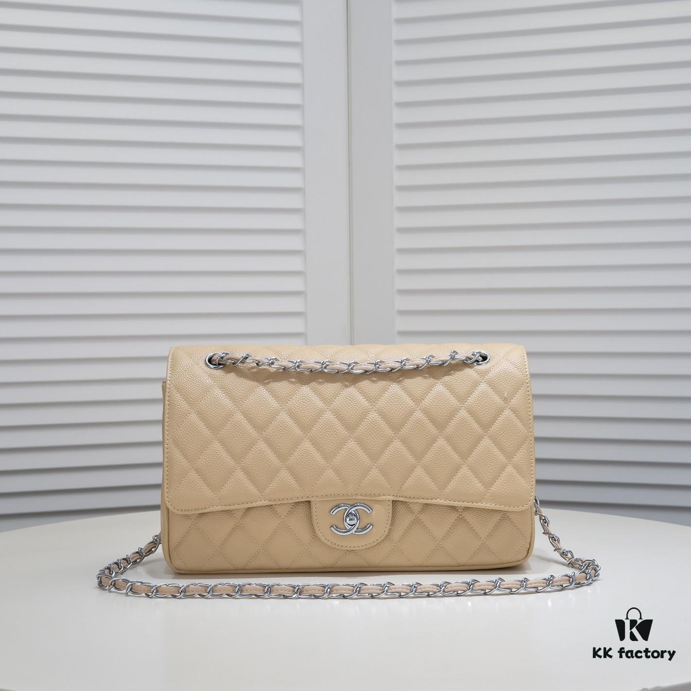 Beige Chanel Classic Bag, Century Iconic Style, Made with Precision Craftsmanship, Imported Caviar Calfskin with Original Hardware, Quilted Pattern Fullness, Perfect Soft Silhouette
