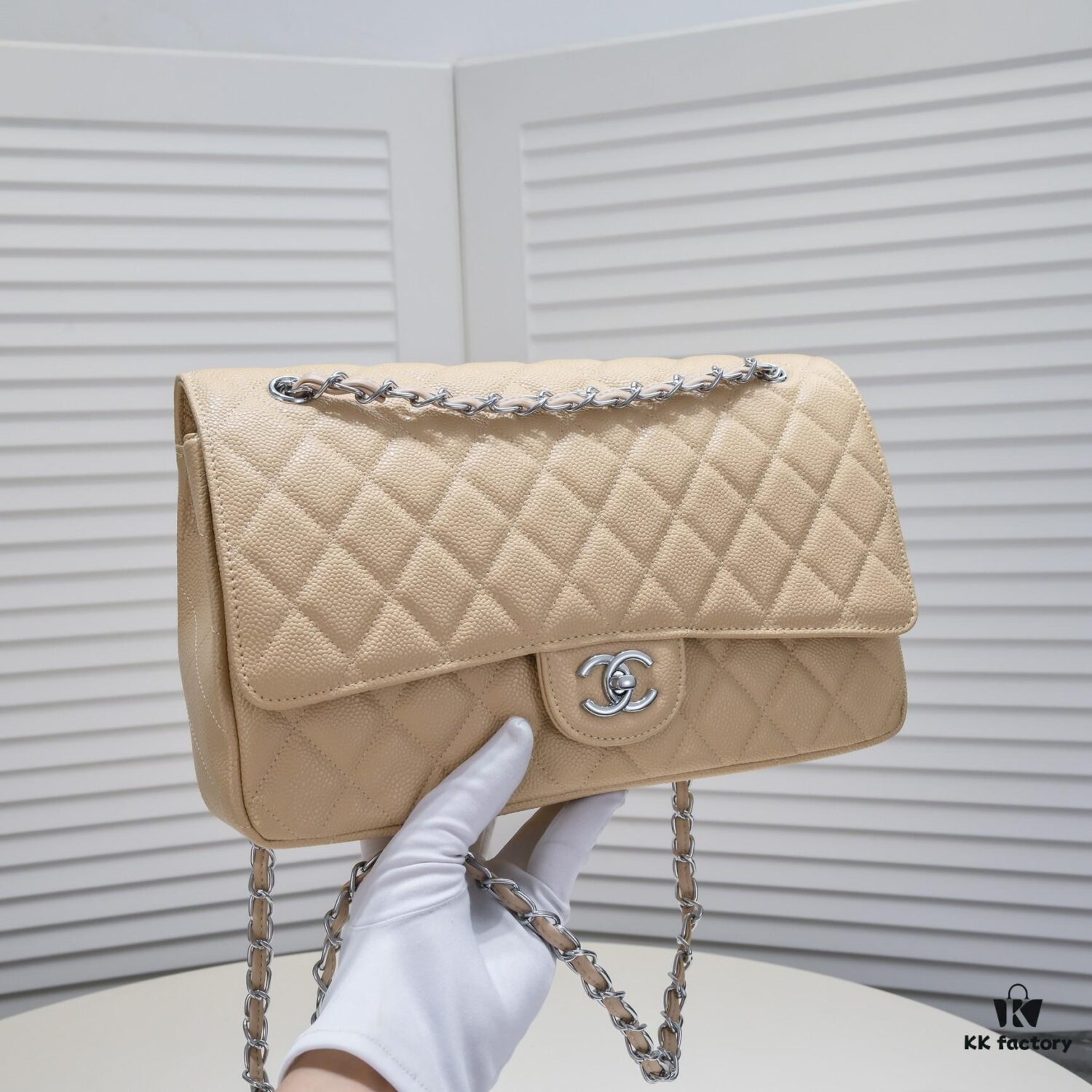 Beige Chanel Classic Bag, Century Iconic Style, Made with Precision Craftsmanship, Imported Caviar Calfskin with Original Hardware, Quilted Pattern Fullness, Perfect Soft Silhouette