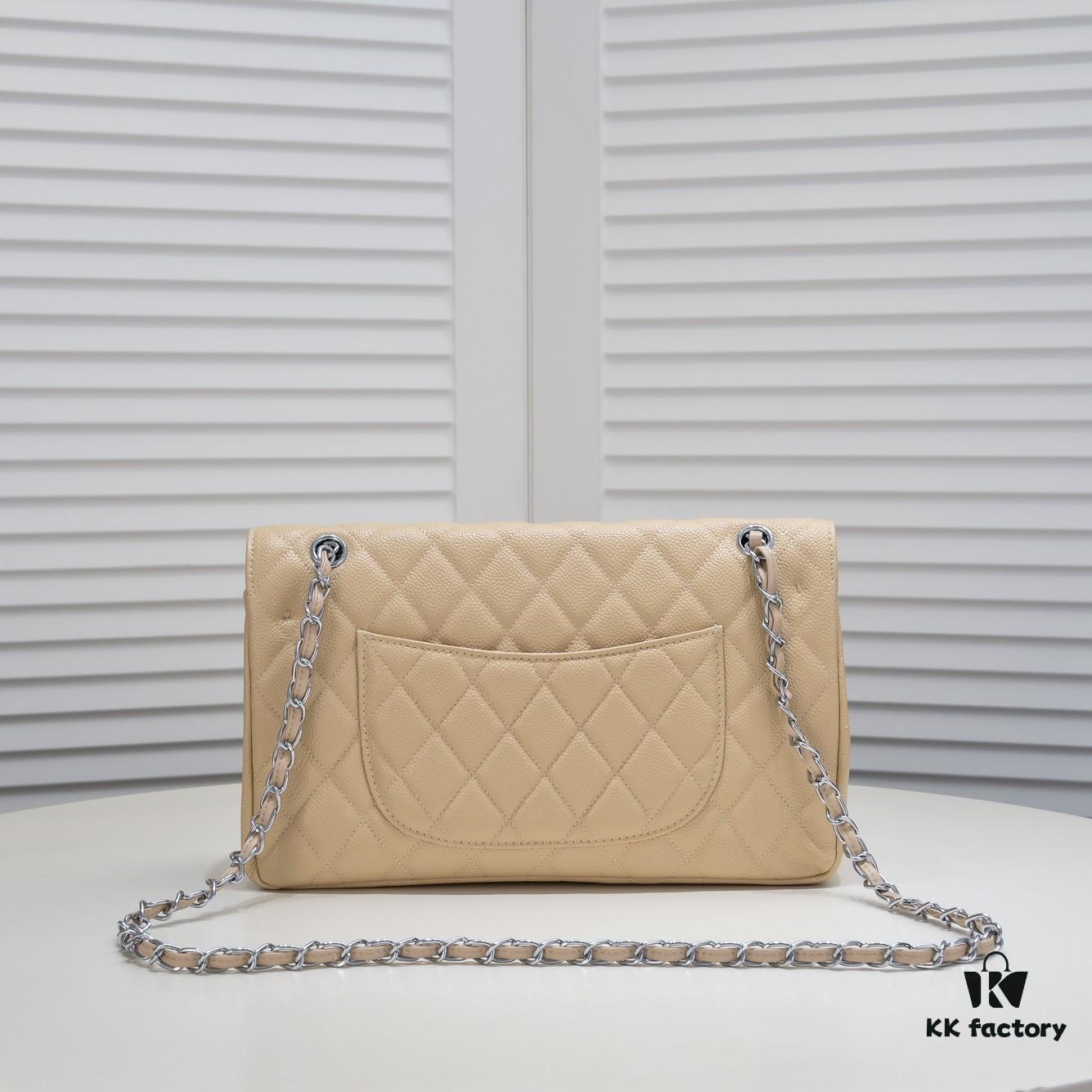 Beige Chanel Classic Bag, Century Iconic Style, Made with Precision Craftsmanship, Imported Caviar Calfskin with Original Hardware, Quilted Pattern Fullness, Perfect Soft Silhouette