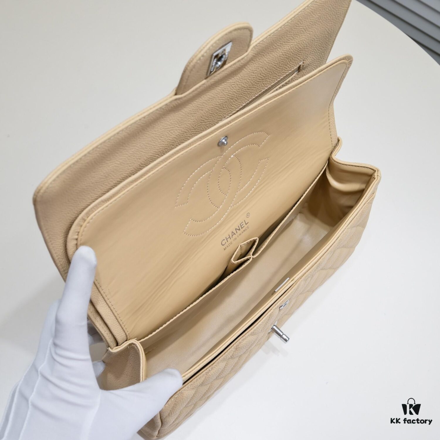 Beige Chanel Classic Bag, Century Iconic Style, Made with Precision Craftsmanship, Imported Caviar Calfskin with Original Hardware, Quilted Pattern Fullness, Perfect Soft Silhouette