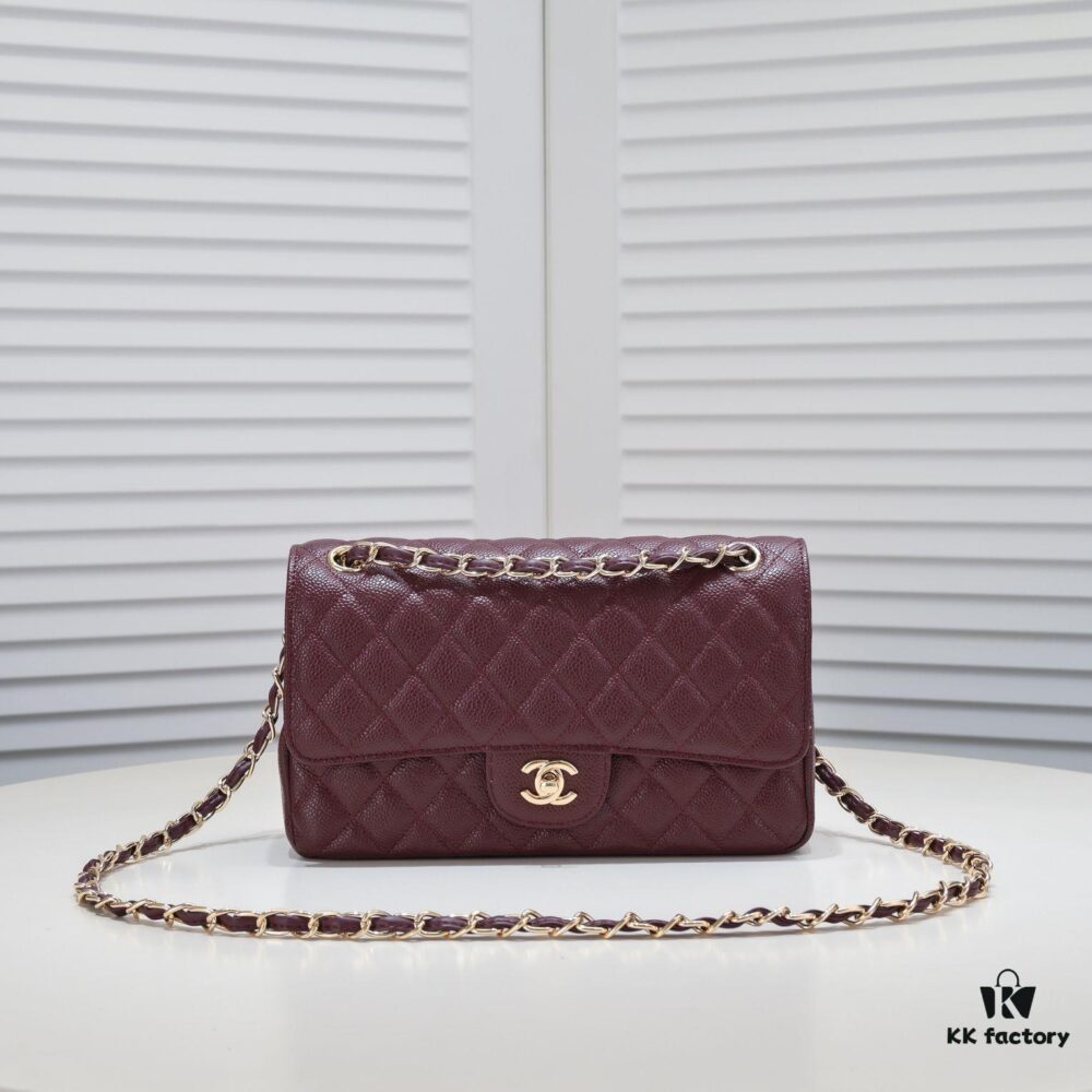 Burgundy Red Chanel CF2.55, Ultimate Masterpiece in Exotic Caviar-Grained Calfskin with Genuine 18K Gold Hardware