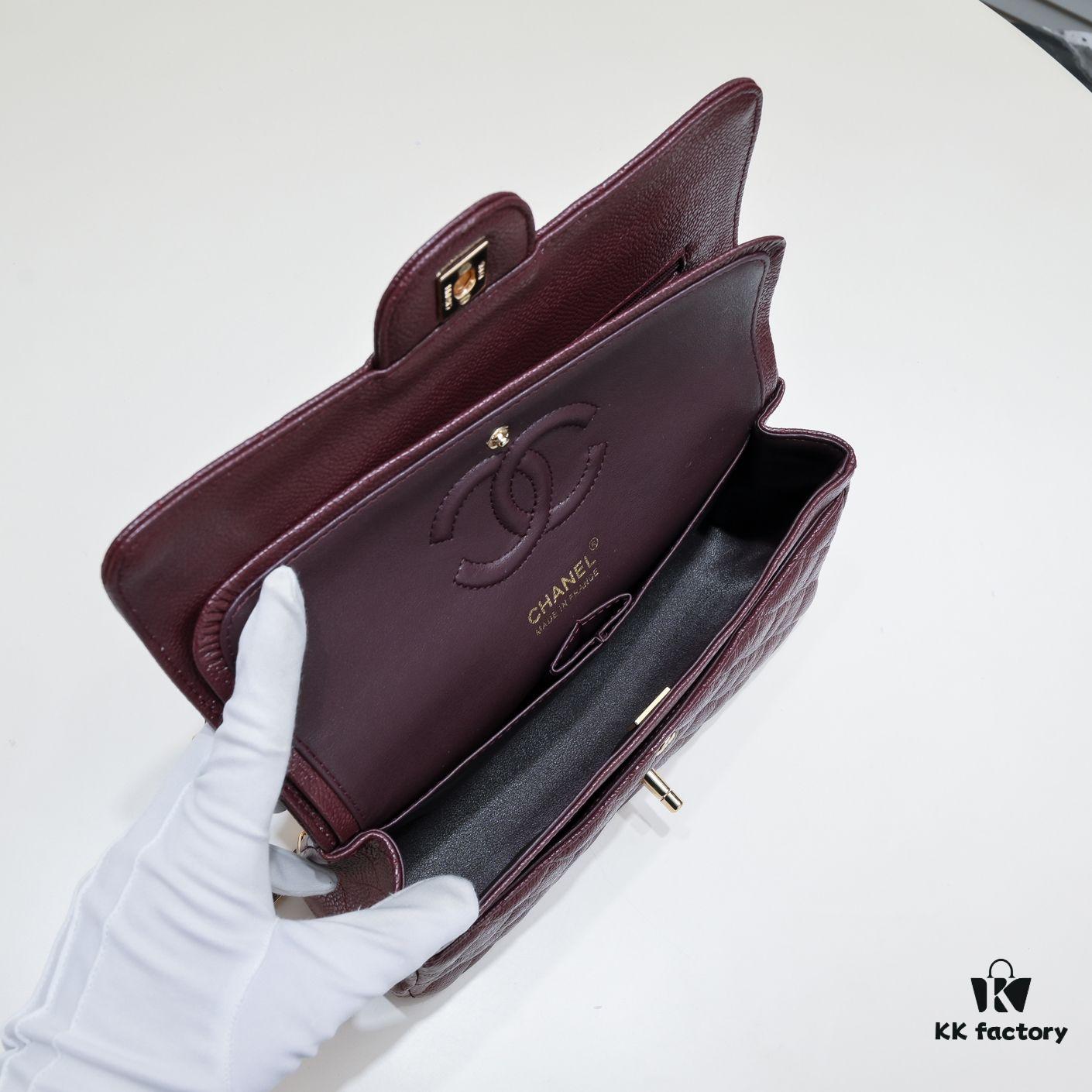Burgundy Red Chanel CF2.55, Ultimate Masterpiece in Exotic Caviar-Grained Calfskin with Genuine 18K Gold Hardware