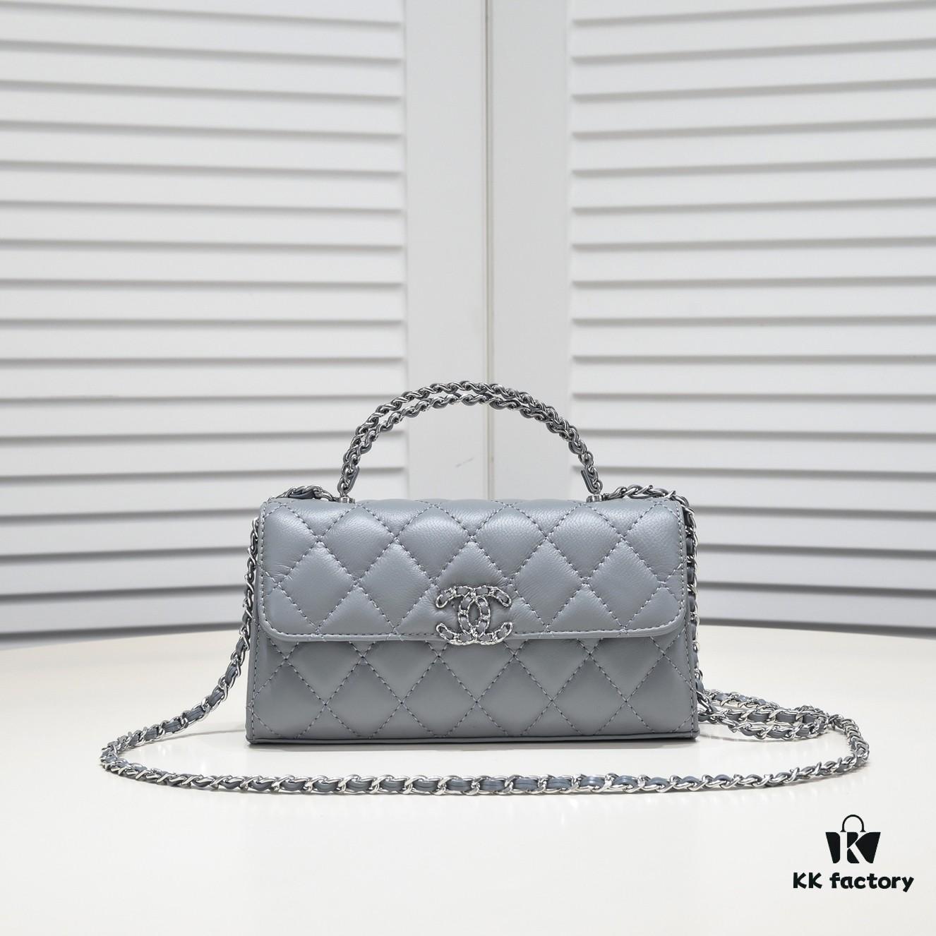 Large Chanel Black Kelly Bag with Long Handle, Lambskin, 19x10x4.5cm