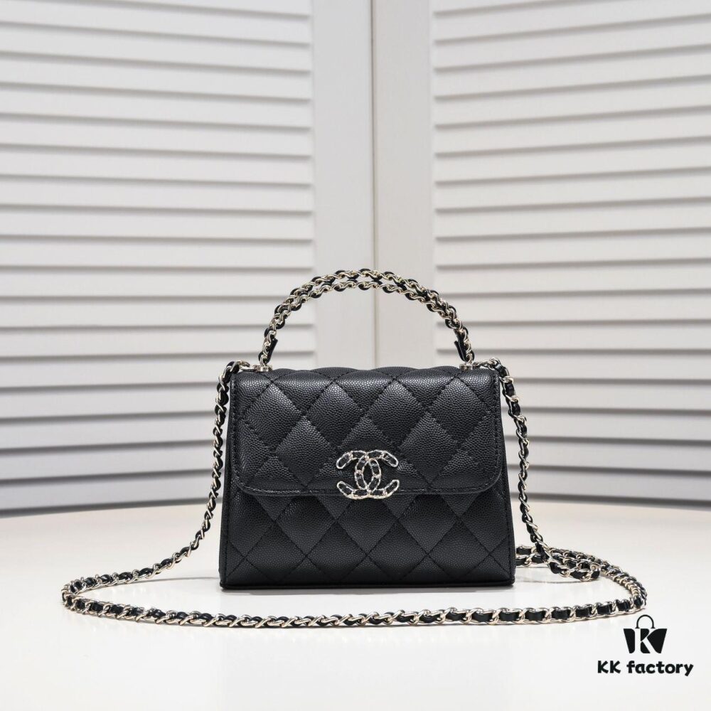Chanel Black Kelly Long Handle Bag, 23p, Model 9100, Calfskin Leather, Size 15x6x10cm