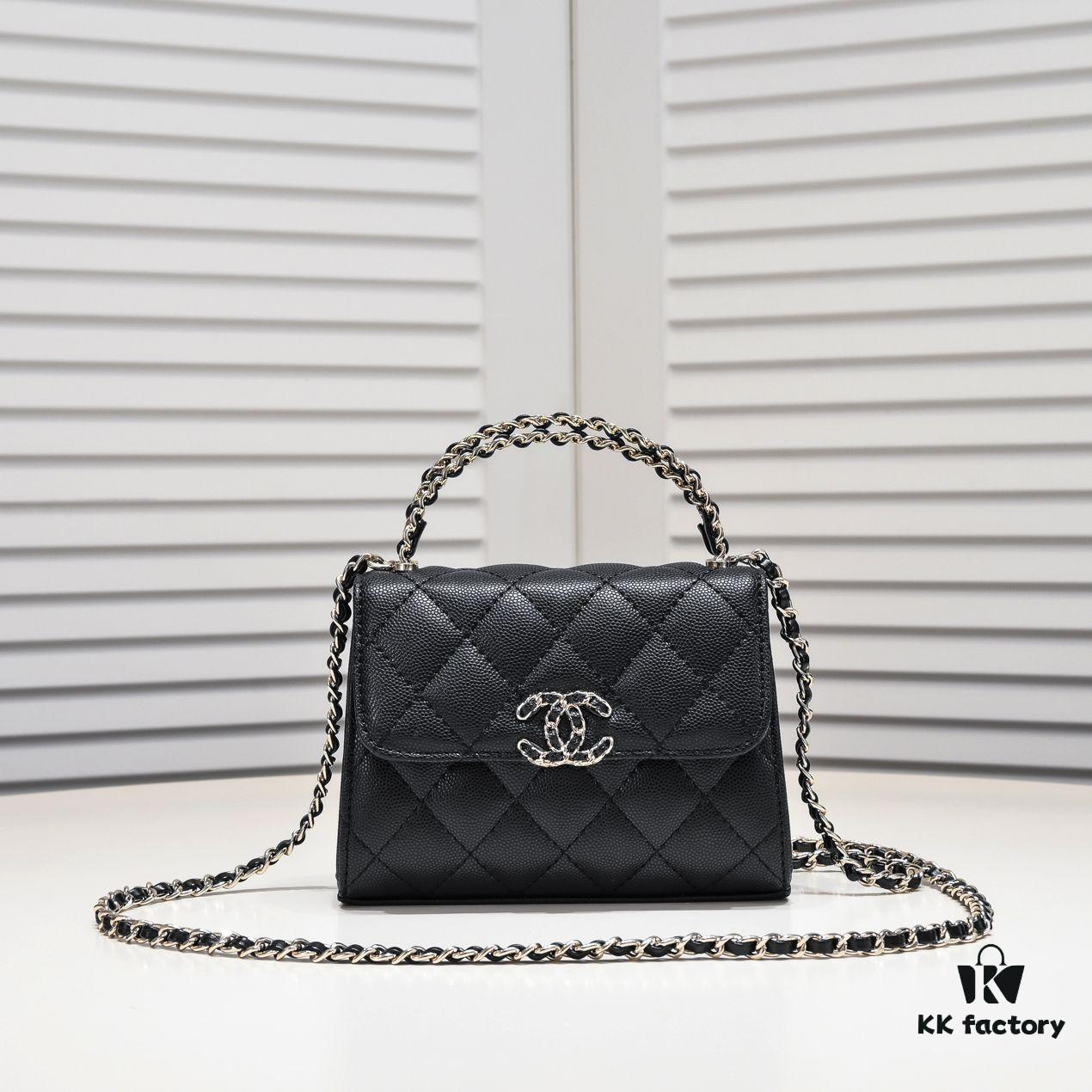 Chanel Black Kelly Long Handle Bag, 23p, Model 9100, Calfskin Leather, Size 15x6x10cm