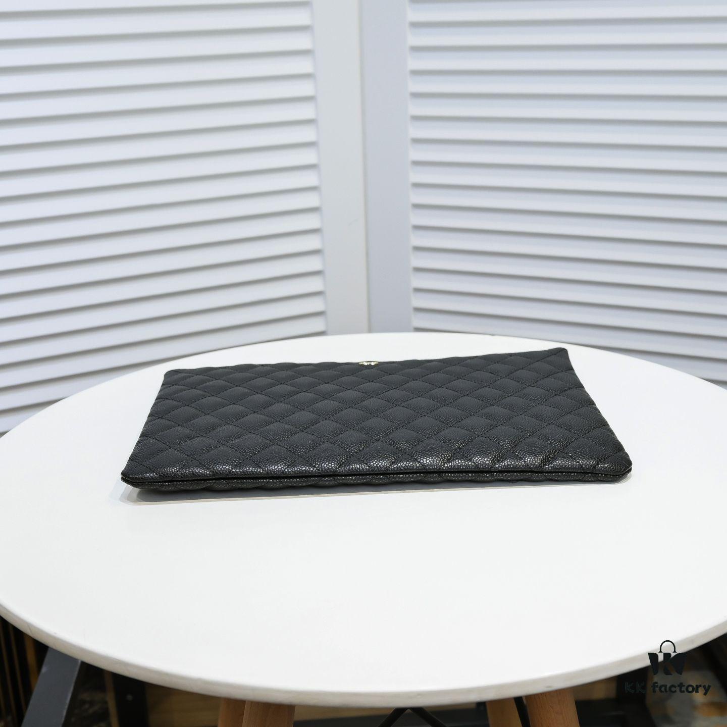 Chanel Gold Button Caviar Quilted Leather Clutch with Box