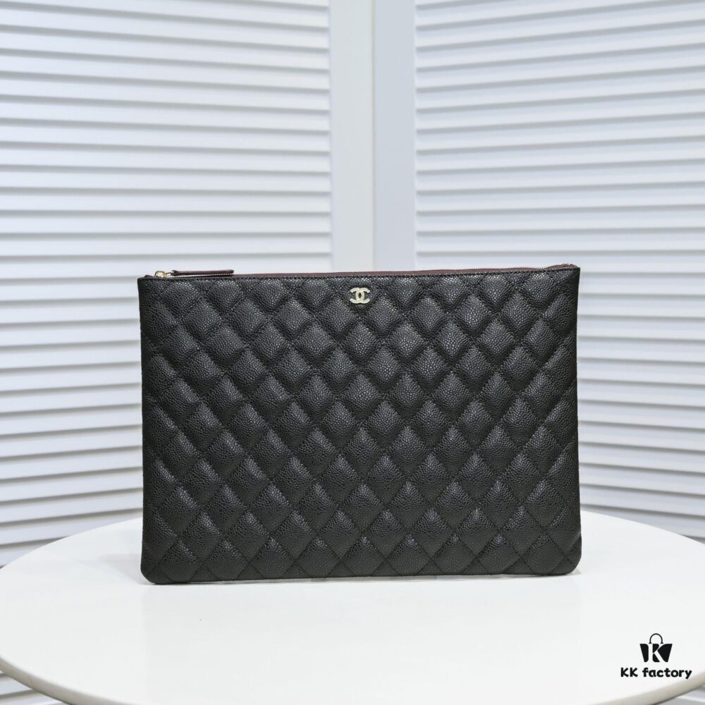 Chanel Gold Button Caviar Quilted Leather Clutch with Box