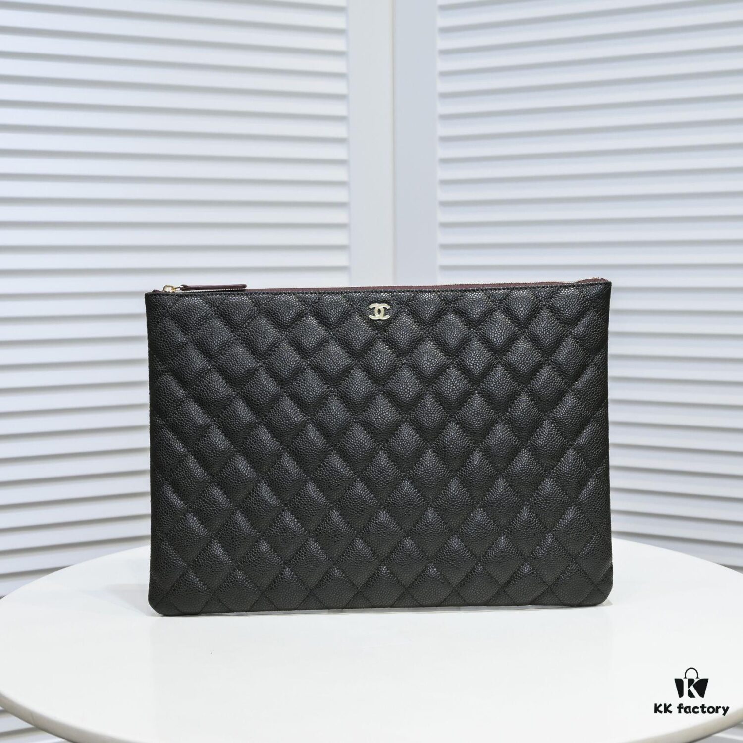 Chanel Gold Button Caviar Quilted Leather Clutch with Box