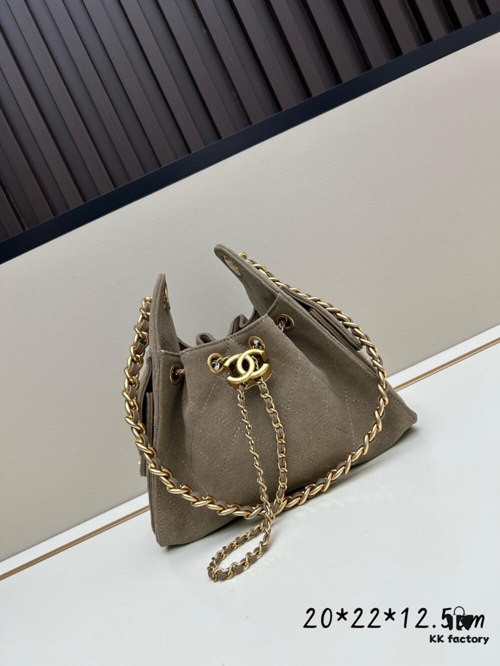 Mini Matte Chanel 25C Hobo Bag in Suede, Fringe Crossbody Bucket Bag with Vintage Gold Coin Toggle Drawstring, Diamond Quilting, Classic Chain Strap