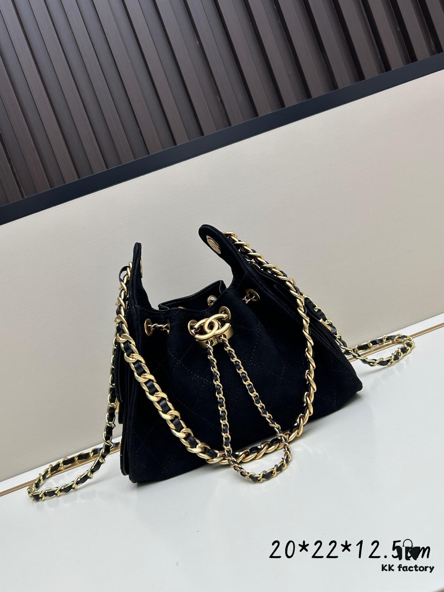 Mini Chanel 25C Hobo Bag in Suede with Matte Finish, Fringe Style Crossbody Bucket Bag with Vintage Coin Button Drawstring, Quilted Design, Black Gold Tone Hardware, Classic Chain Strap