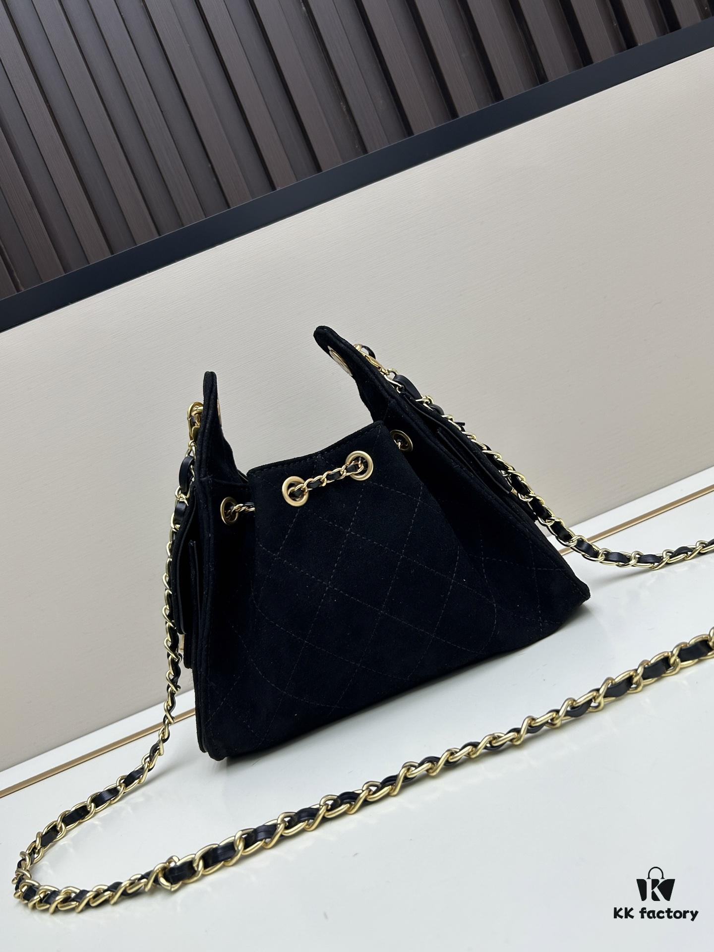 Mini Matte Chanel 25C Hobo Bag in Suede, Fringe Crossbody Bucket Bag with Vintage Coin Toggle Drawstring, Diamond Quilting, Retro Black-Gold Tone, Classic Chain Design