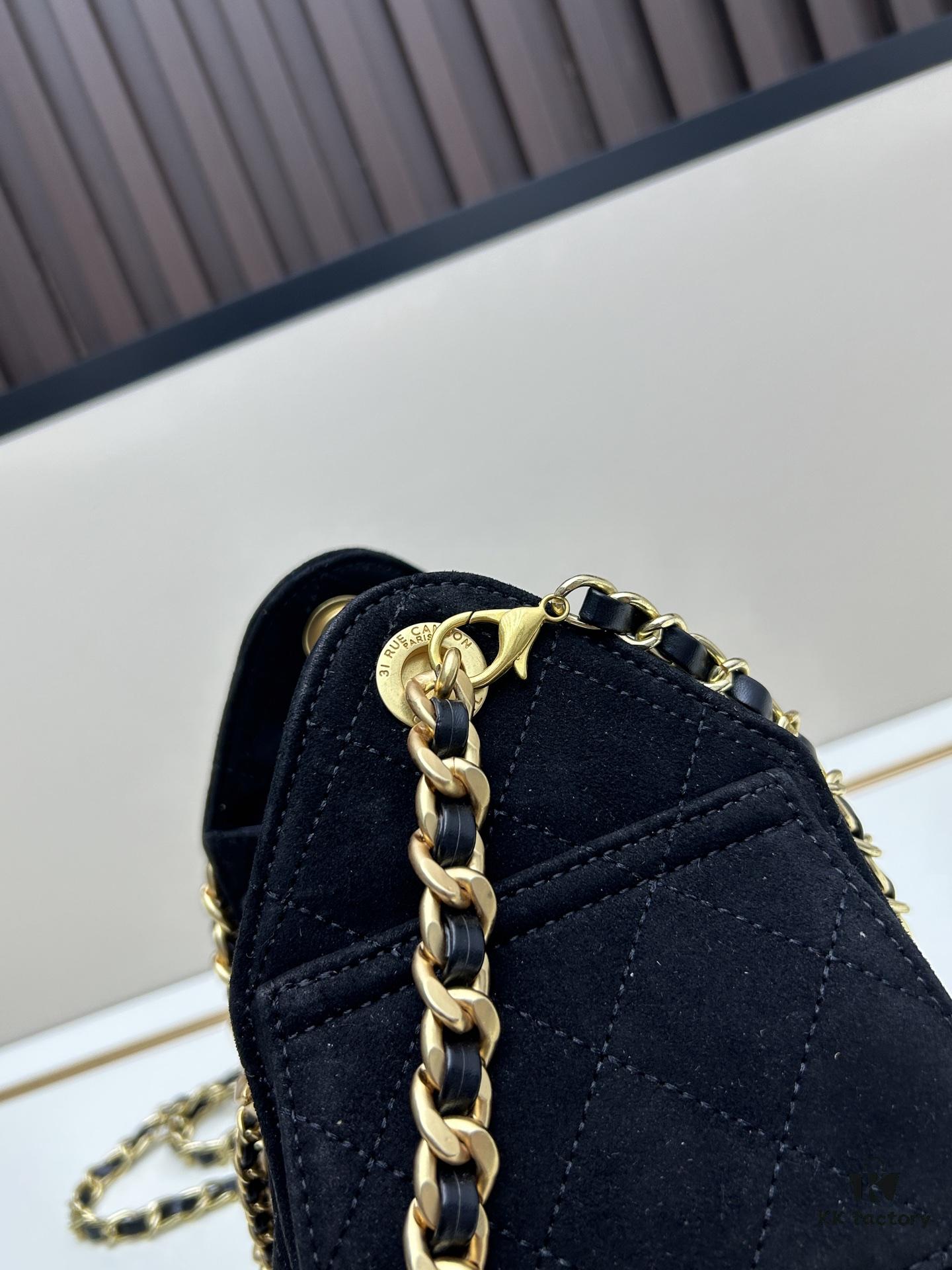 Mini Matte Chanel 25C Hobo Bag in Suede, Fringe Crossbody Bucket Bag with Vintage Coin Toggle Drawstring, Diamond Quilting, Retro Black-Gold Tone, Classic Chain Design