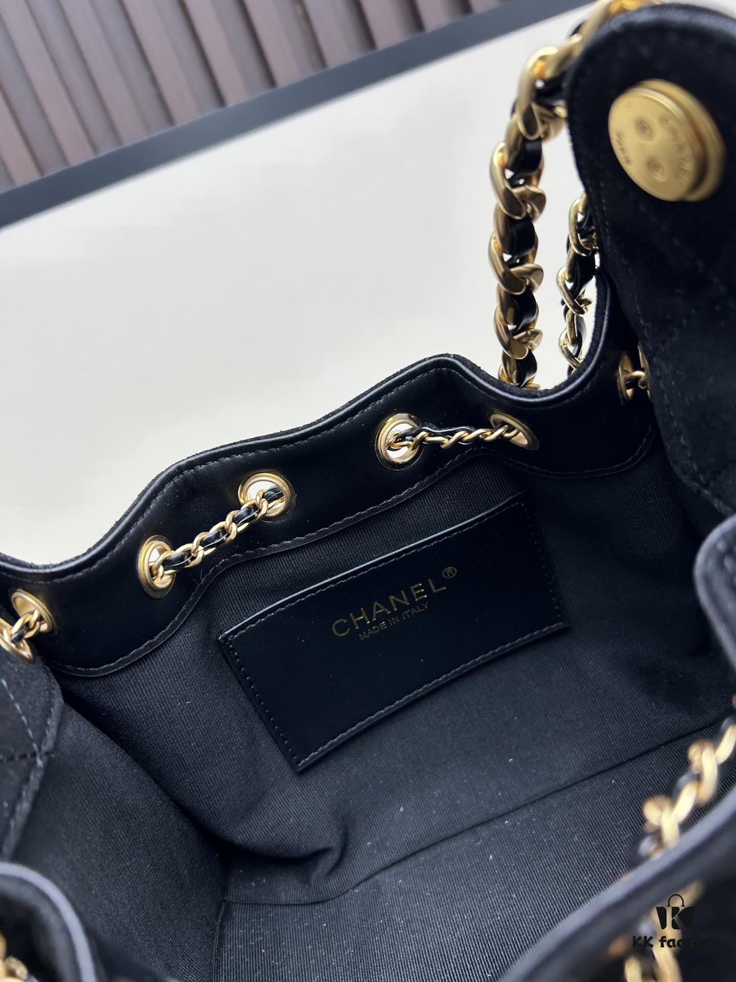 Mini Matte Chanel 25C Hobo Bag in Suede, Fringe Crossbody Bucket Bag with Vintage Coin Toggle Drawstring, Diamond Quilting, Retro Black-Gold Tone, Classic Chain Design