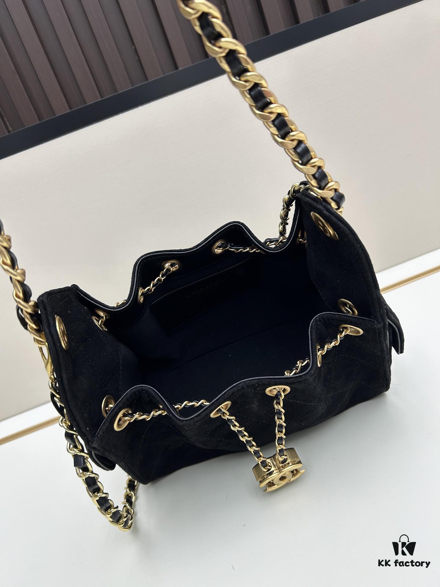 Mini Matte Chanel 25C Hobo Bag in Suede, Fringe Crossbody Bucket Bag with Vintage Coin Toggle Drawstring, Diamond Quilting, Retro Black-Gold Tone, Classic Chain Design