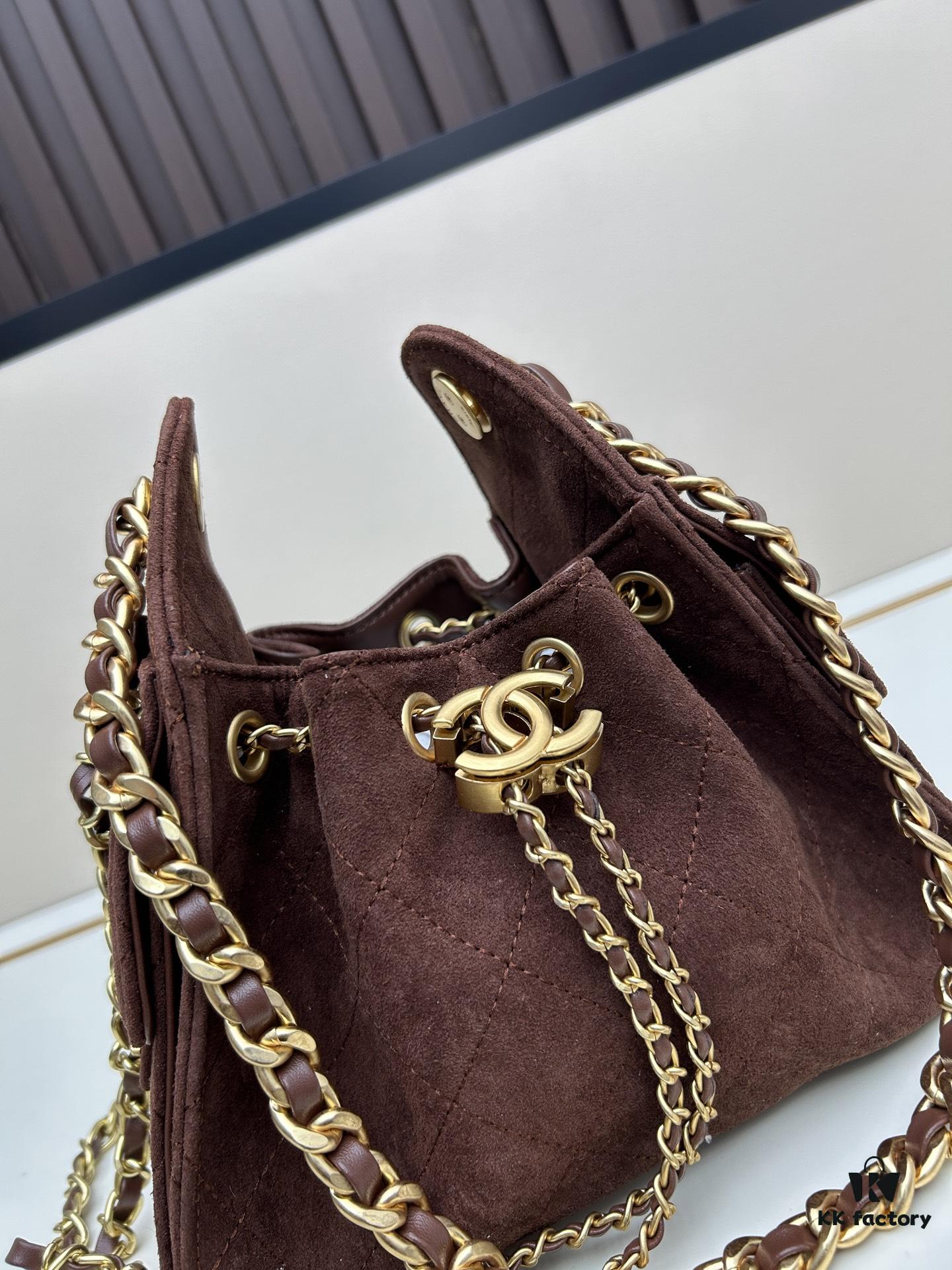 Mini Matte Chanel 25C Hobo Bag in Suede, Fringe Crossbody Bucket Bag with Vintage Coin Toggle Drawstring, Quilted Design and Classic Chain Strap