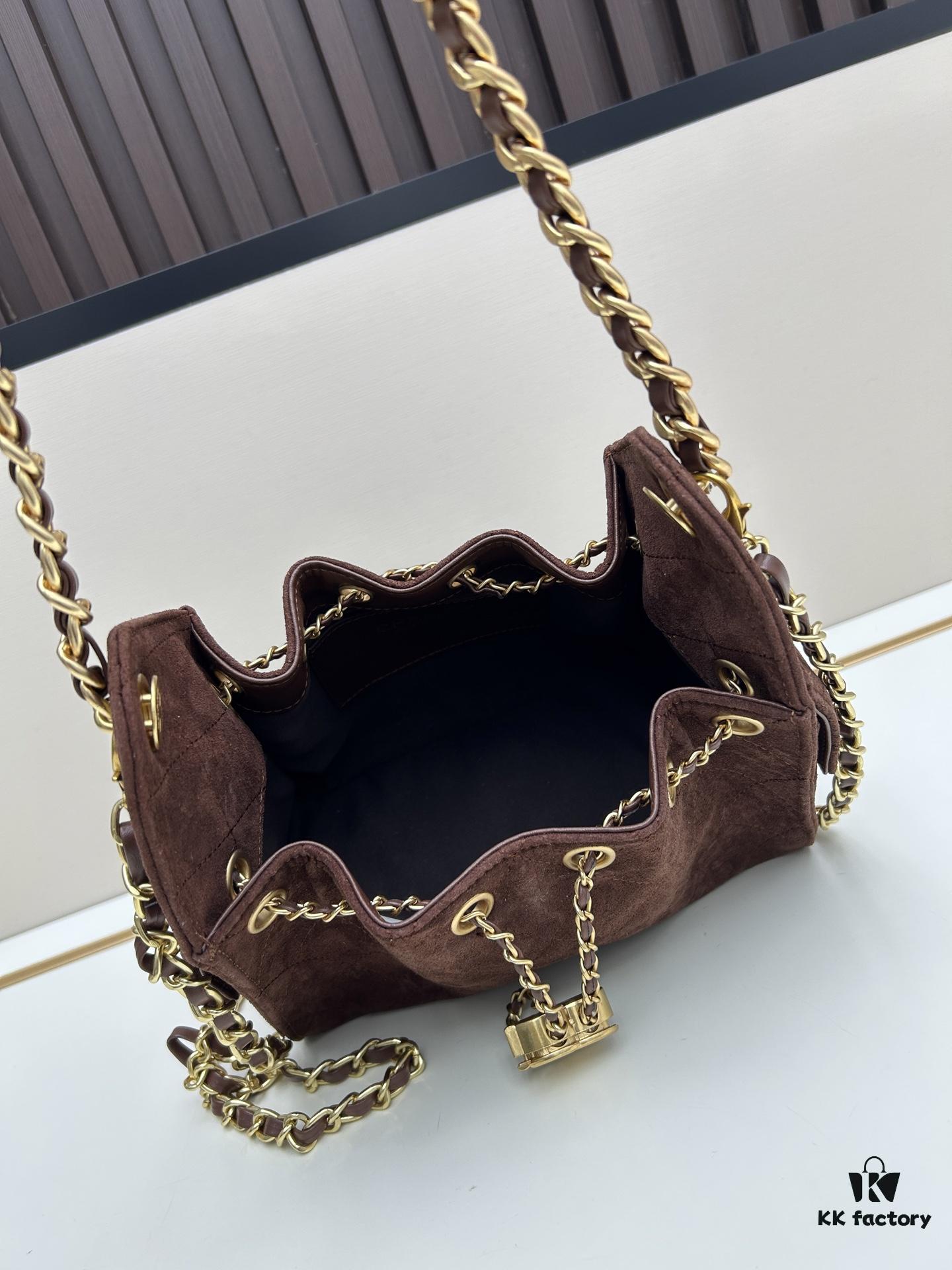 Mini Matte Chanel 25C Hobo Bag in Suede, Fringe Crossbody Bucket Bag with Vintage Coin Toggle Drawstring, Quilted Design and Classic Chain Strap