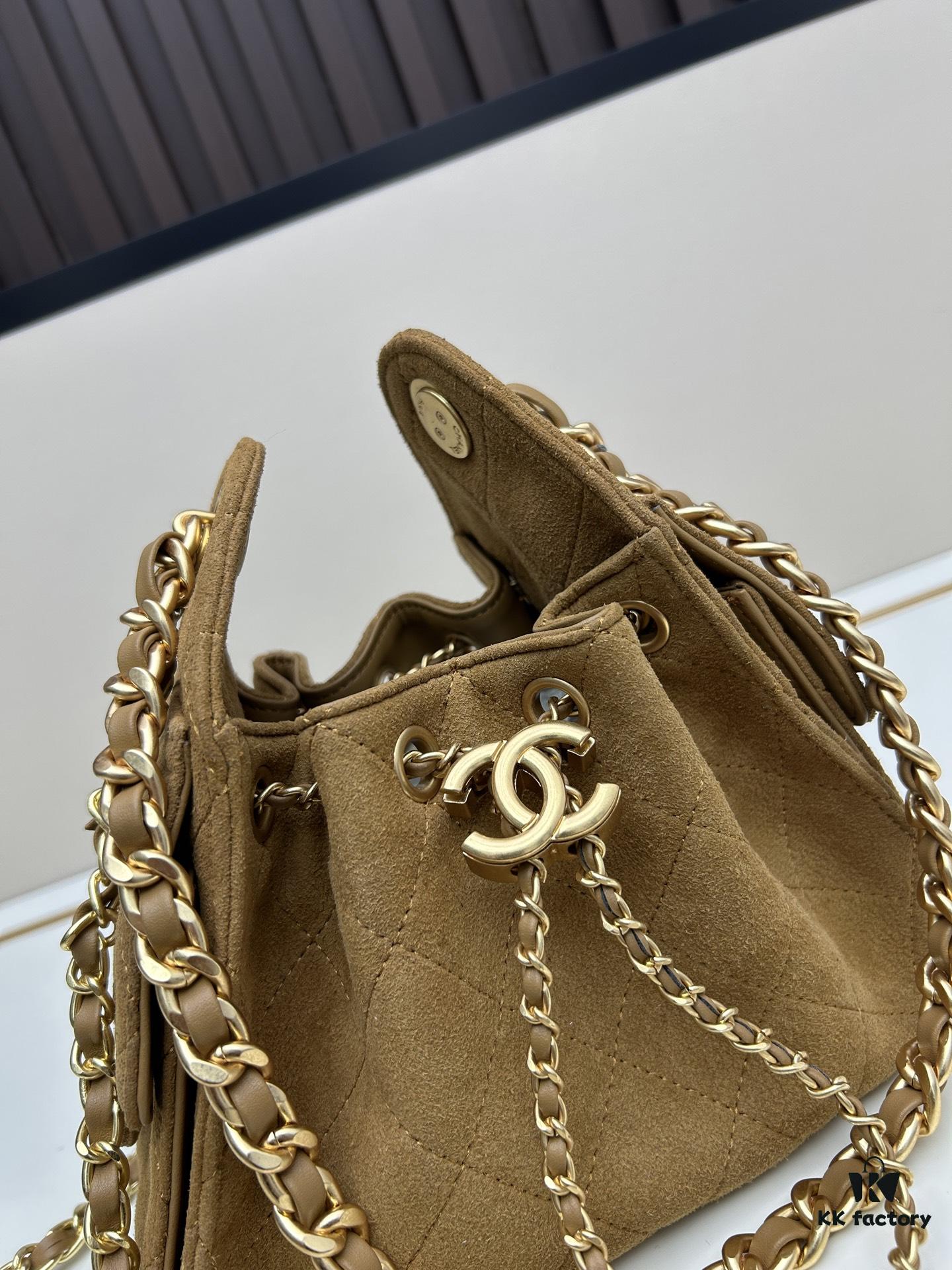 Mini Matte Chanel 25C Hobo Bag in Suede - Vintage Coin Toggle Drawstring Bucket Bag with Quilting and Retro Black-Gold Chain