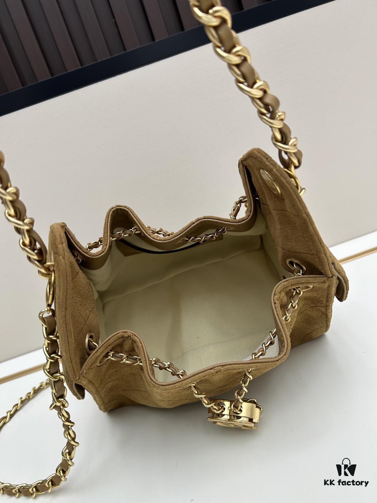 Mini Matte Chanel 25C Hobo Bag in Suede - Vintage Coin Toggle Drawstring Bucket Bag with Quilting and Retro Black-Gold Chain