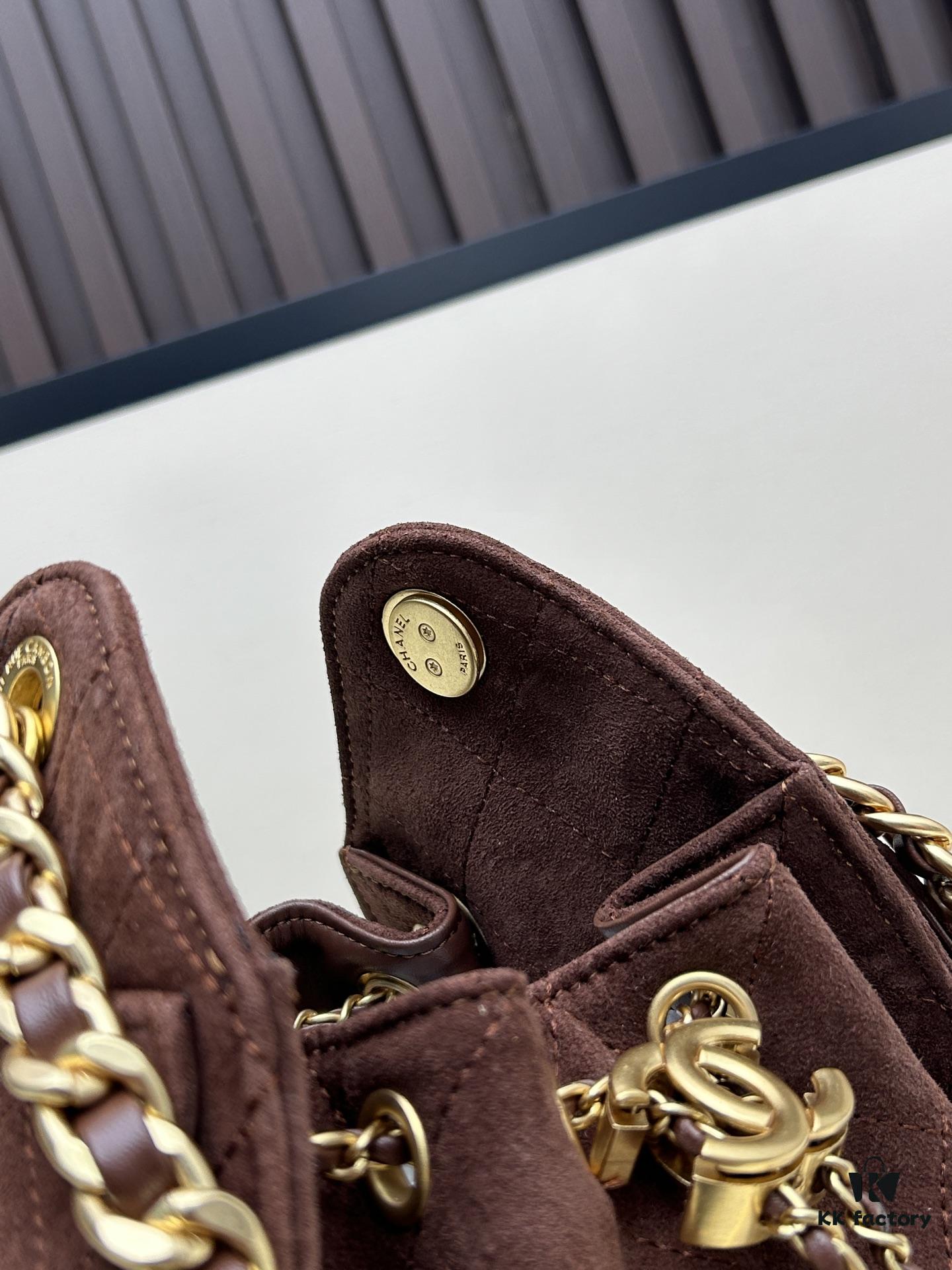 Mini Matte Chanel 25C Hobo Bag in Suede, Fringe Crossbody Bucket Bag with Vintage Coin Toggle Drawstring, Quilted Design and Classic Chain Strap