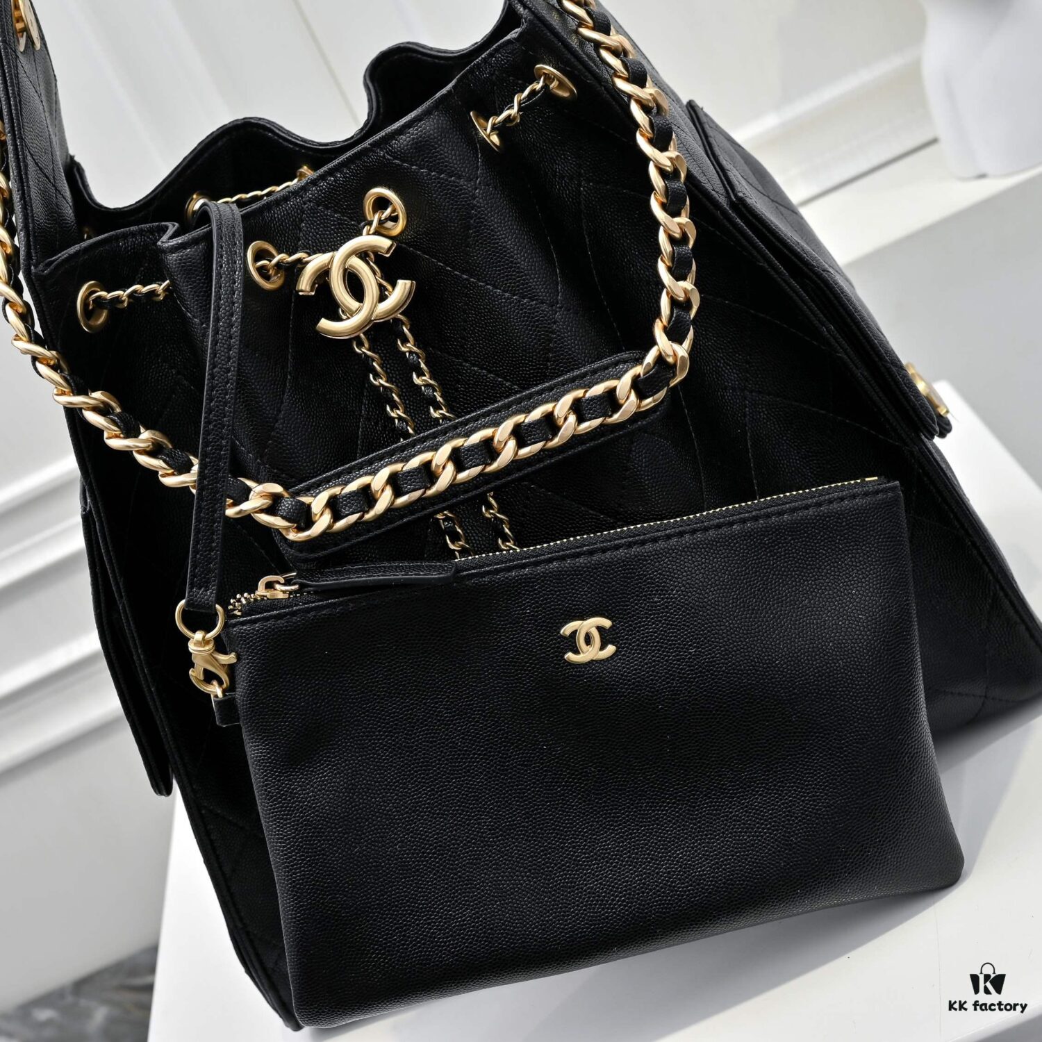 Large Upgraded Chanel 25C Hobo Bag in Quilted Calfskin with Vintage Gold-Tone Buckle Drawstring Bucket Design, Rhombus Stitching, Retro Black and Gold, Classic Chain Detail