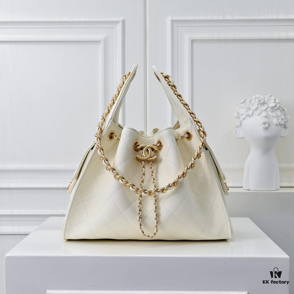 Upgraded Chanel 25C Hobo Bag in Quilted Calfskin - Vintage Hip Bag, Small Bucket Bag with Retro Gold Coin Toggle Drawstring, Diamond Quilting, and Classic Chain Design