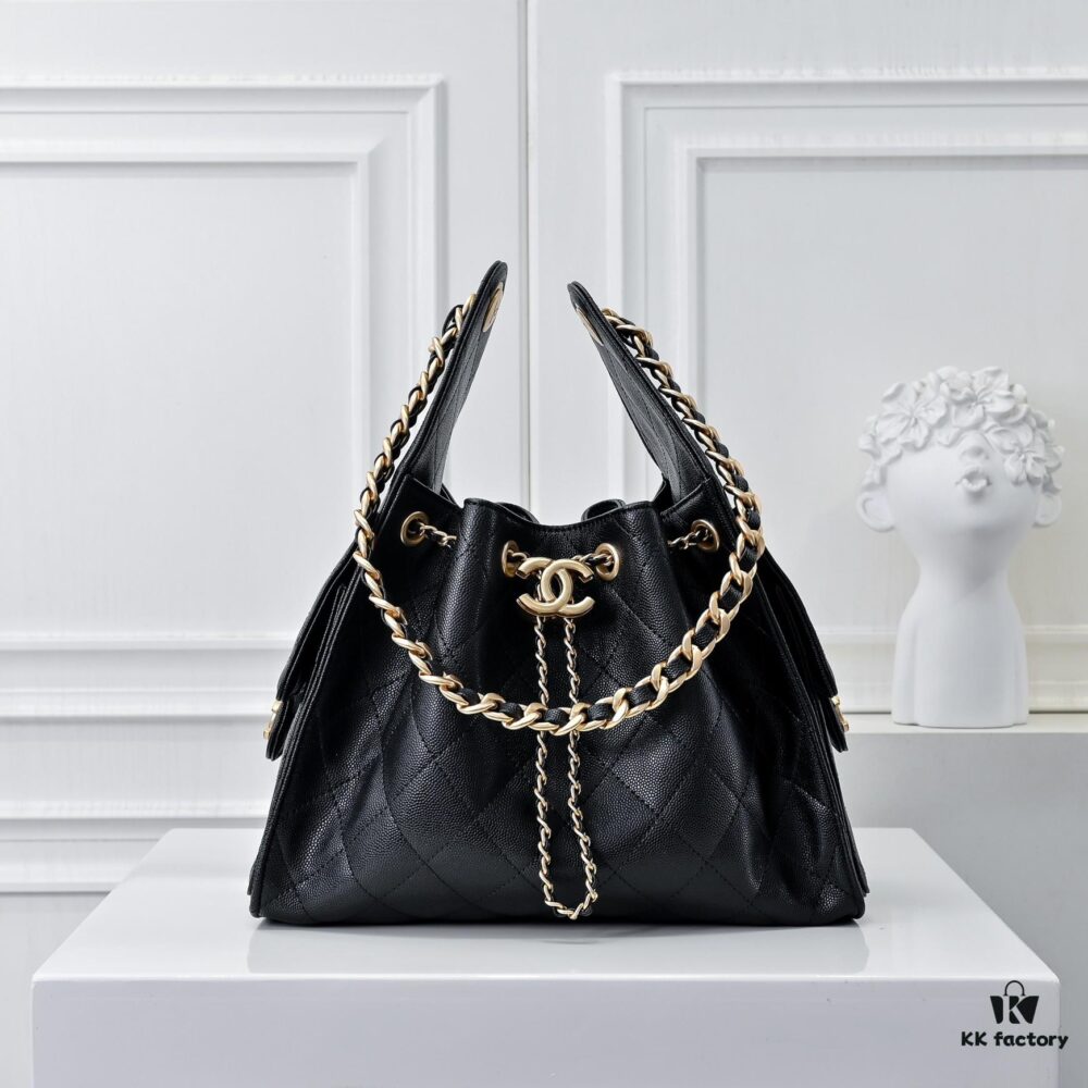 Upgraded Chanel 25C Style Hobo Bag in Quilted Calfskin - Vintage Hip Bag, Small Bucket Tote with Retro Gold-Tone Buckle Drawstring, Diamond Quilting, Classic Chain Design