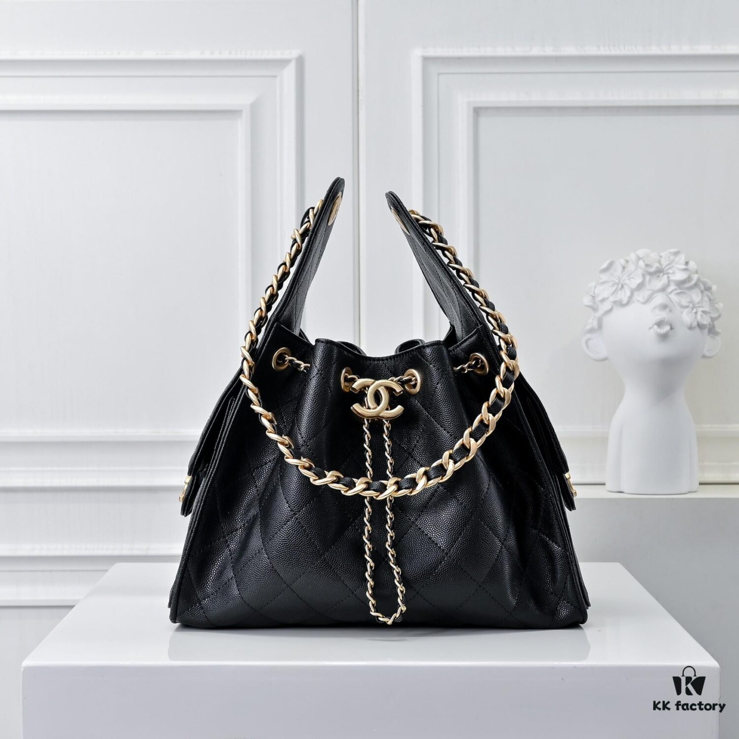 Upgraded Chanel 25C Style Hobo Bag in Quilted Calfskin - Vintage Hip Bag, Small Bucket Tote with Retro Gold-Tone Buckle Drawstring, Diamond Quilting, Classic Chain Design