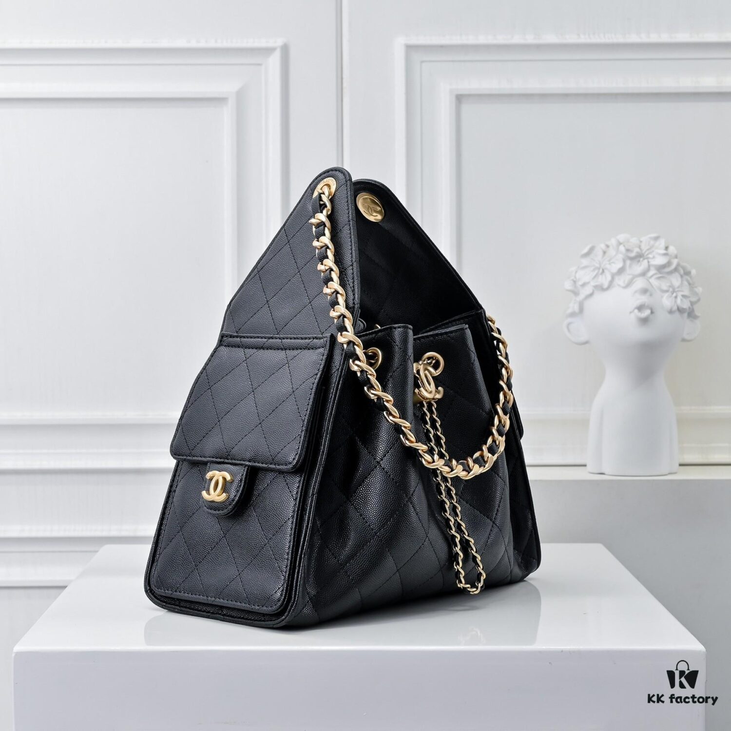 Upgraded Chanel 25C Style Hobo Bag in Quilted Calfskin - Vintage Hip Bag, Small Bucket Tote with Retro Gold-Tone Buckle Drawstring, Diamond Quilting, Classic Chain Design