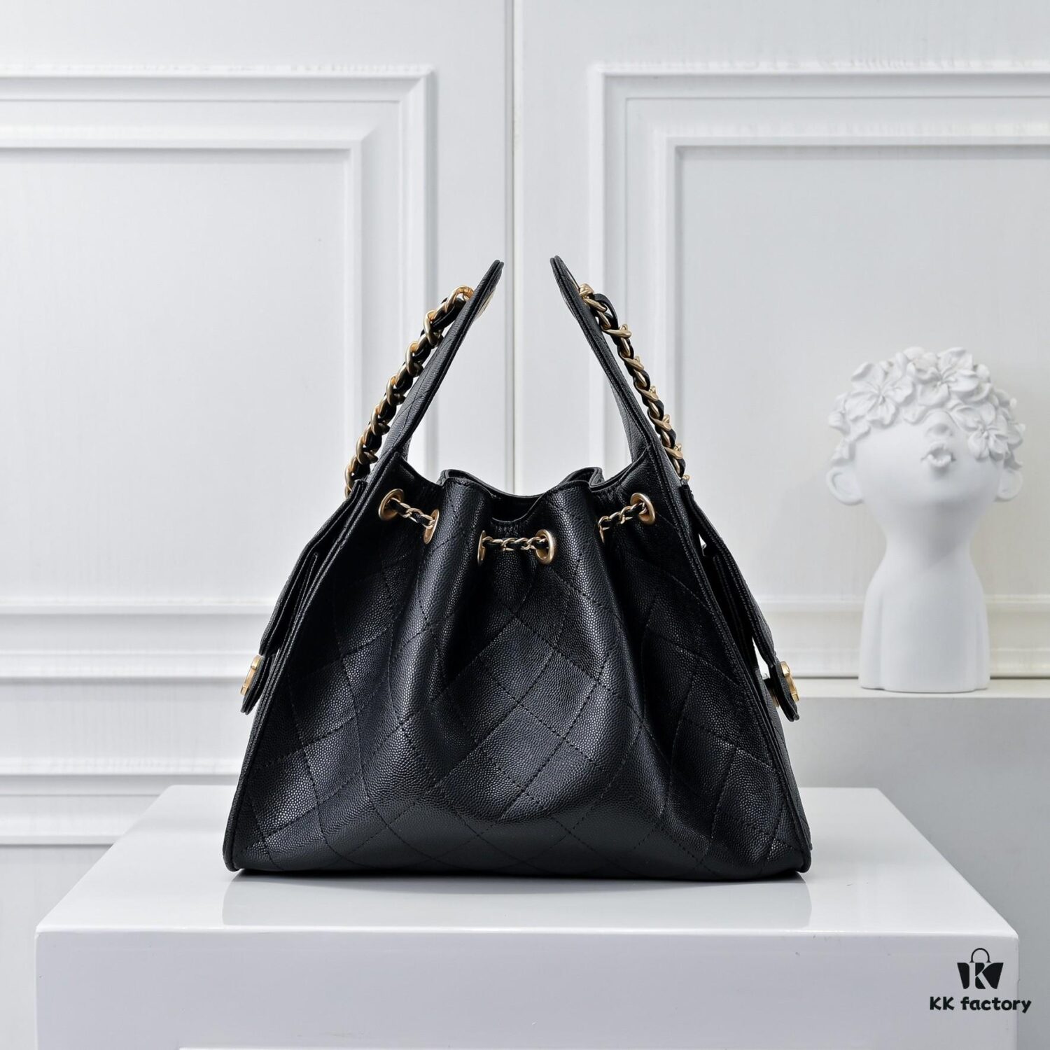 Upgraded Chanel 25C Style Hobo Bag in Quilted Calfskin - Vintage Hip Bag, Small Bucket Tote with Retro Gold-Tone Buckle Drawstring, Diamond Quilting, Classic Chain Design