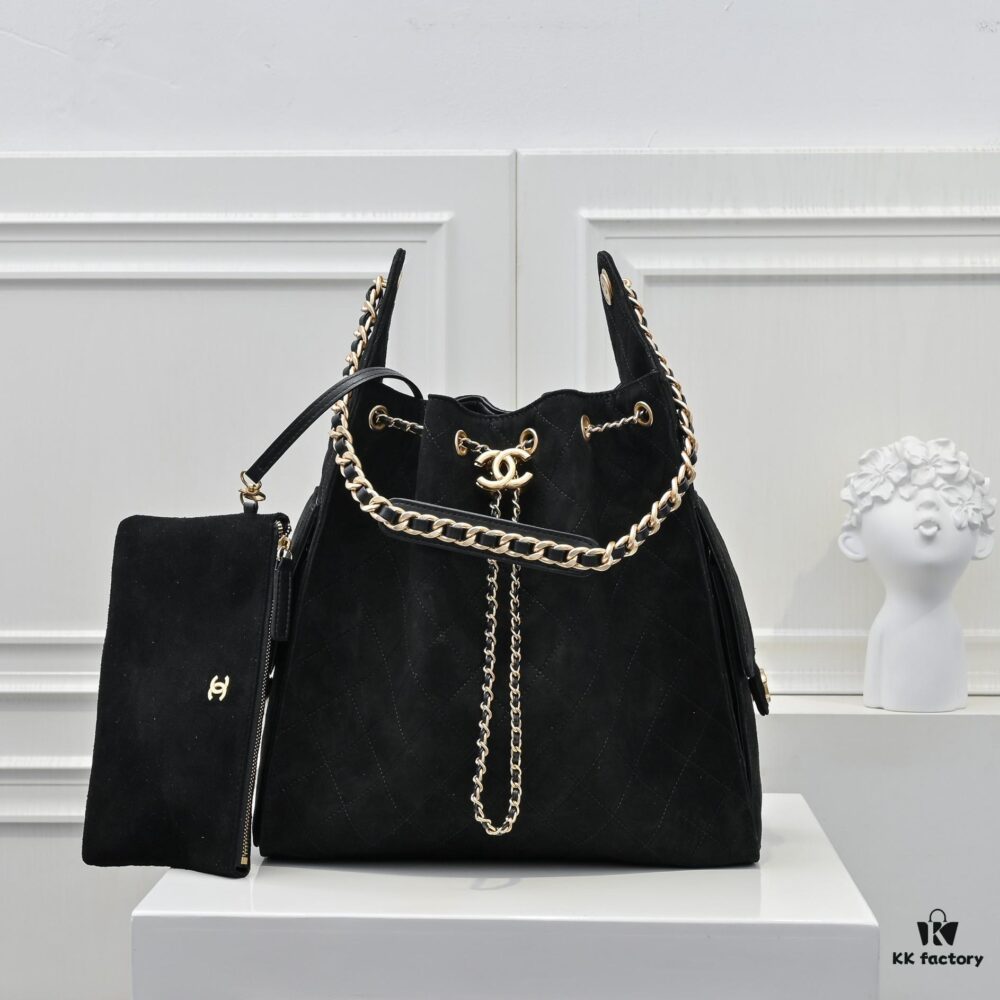 Large Upgraded Chanel 25C Hobo Bag in Suede Cowhide - Vintage Bucket Bag with Coin Button Drawstring, Diamond Quilting, Retro Black-Gold Tone, Classic Chain Design