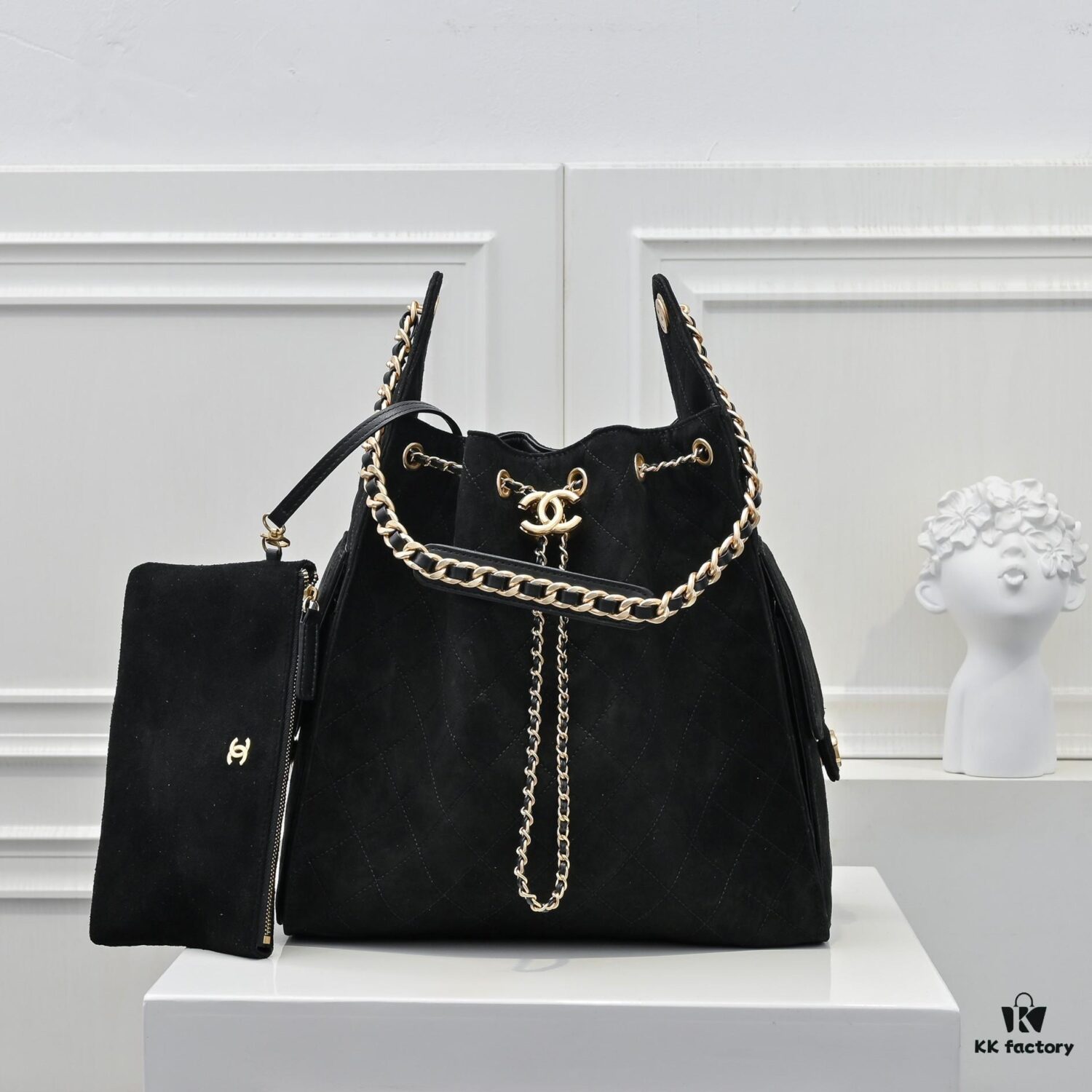 Large Upgraded Chanel 25C Hobo Bag in Suede Cowhide - Vintage Bucket Bag with Coin Button Drawstring, Diamond Quilting, Retro Black-Gold Tone, Classic Chain Design