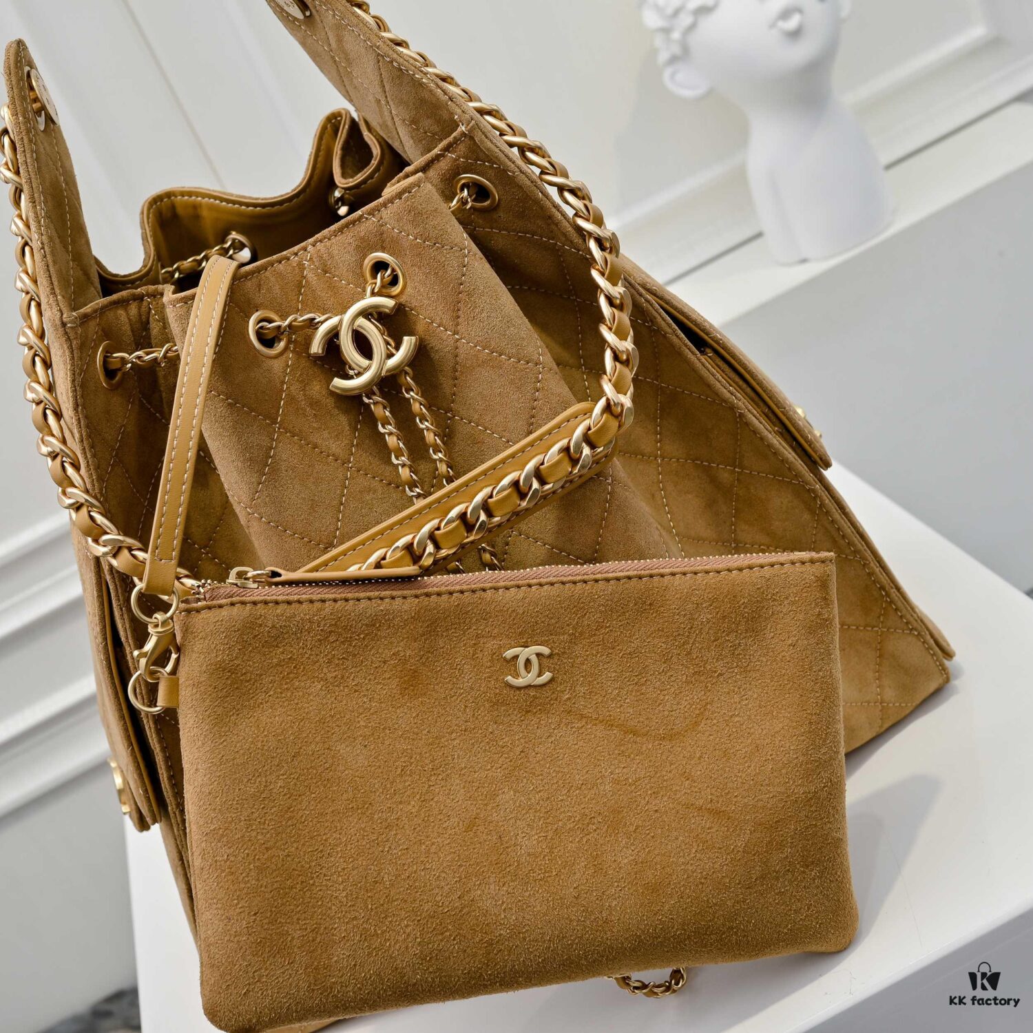 Large Upgraded Chanel 25C Hobo Bag in Suede Calfskin - Vintage Bucket Bag with Drawstring Closure, Quilted Diamond Pattern, Retro Gold-Tone Hardware and Classic Chain Design