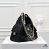 Upgraded Chanel 25C King Bag Washed Gradient Denim Hobo Bag Small Vintage Coin Button Drawstring Bucket Bag with Quilted Pattern and Retro Black-Gold Tone Chain Design