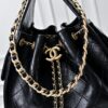 Upgraded Chanel 25C Style Oil-Waxed Leather Hobo Bag, Vintage Coin Buckle Drawstring Bucket Bag with Quilted Pattern, Retro Black and Gold, Classic Chain Design