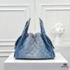 Upgraded Chanel 25C Style Washed Gradient Denim Hobo Bag - Mini Vintage Hipster Crossbody Bucket Bag with Coin Buckle Drawstring, Quilted Pattern, Retro Black-Gold Trim and Classic Chain Strap