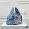 Upgraded Chanel 25C Style Washed Gradient Denim Hobo Bag - Mini Vintage Hipster Crossbody Bucket Bag with Coin Buckle Drawstring, Quilted Pattern, Retro Black-Gold Trim and Classic Chain Strap