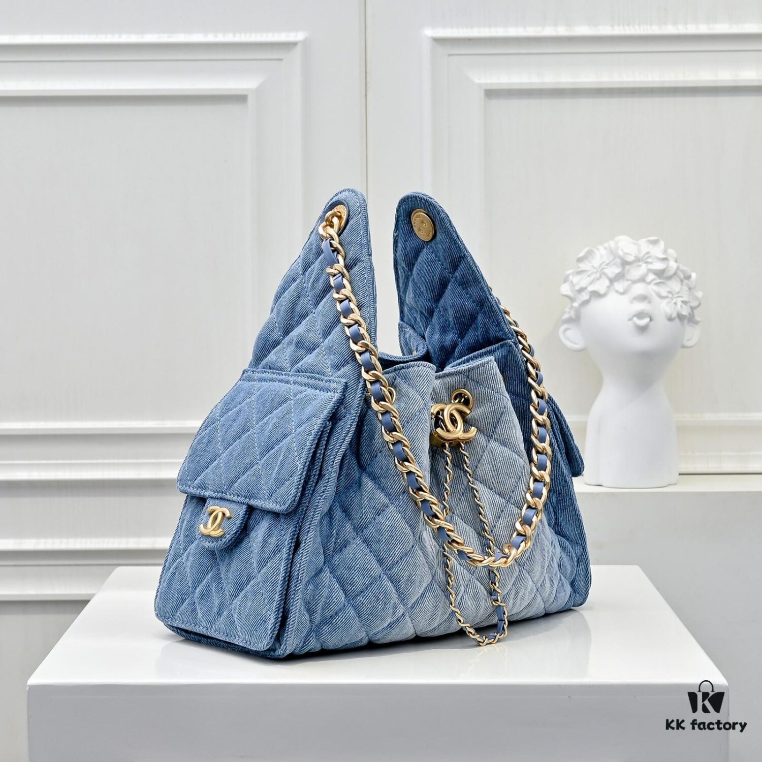 Upgraded Chanel 25C Style Washed Gradient Denim Hobo Bag - Mini Vintage Hipster Crossbody Bucket Bag with Coin Buckle Drawstring, Quilted Pattern, Retro Black-Gold Trim and Classic Chain Strap