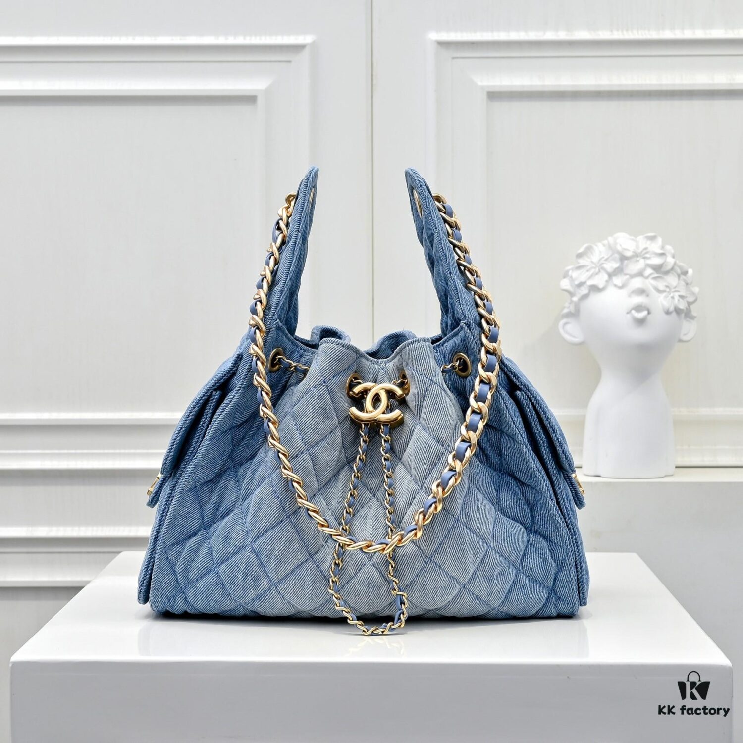 Upgraded Chanel 25C Style Washed Gradient Denim Hobo Bag - Mini Vintage Hipster Crossbody Bucket Bag with Coin Buckle Drawstring, Quilted Pattern, Retro Black-Gold Trim and Classic Chain Strap