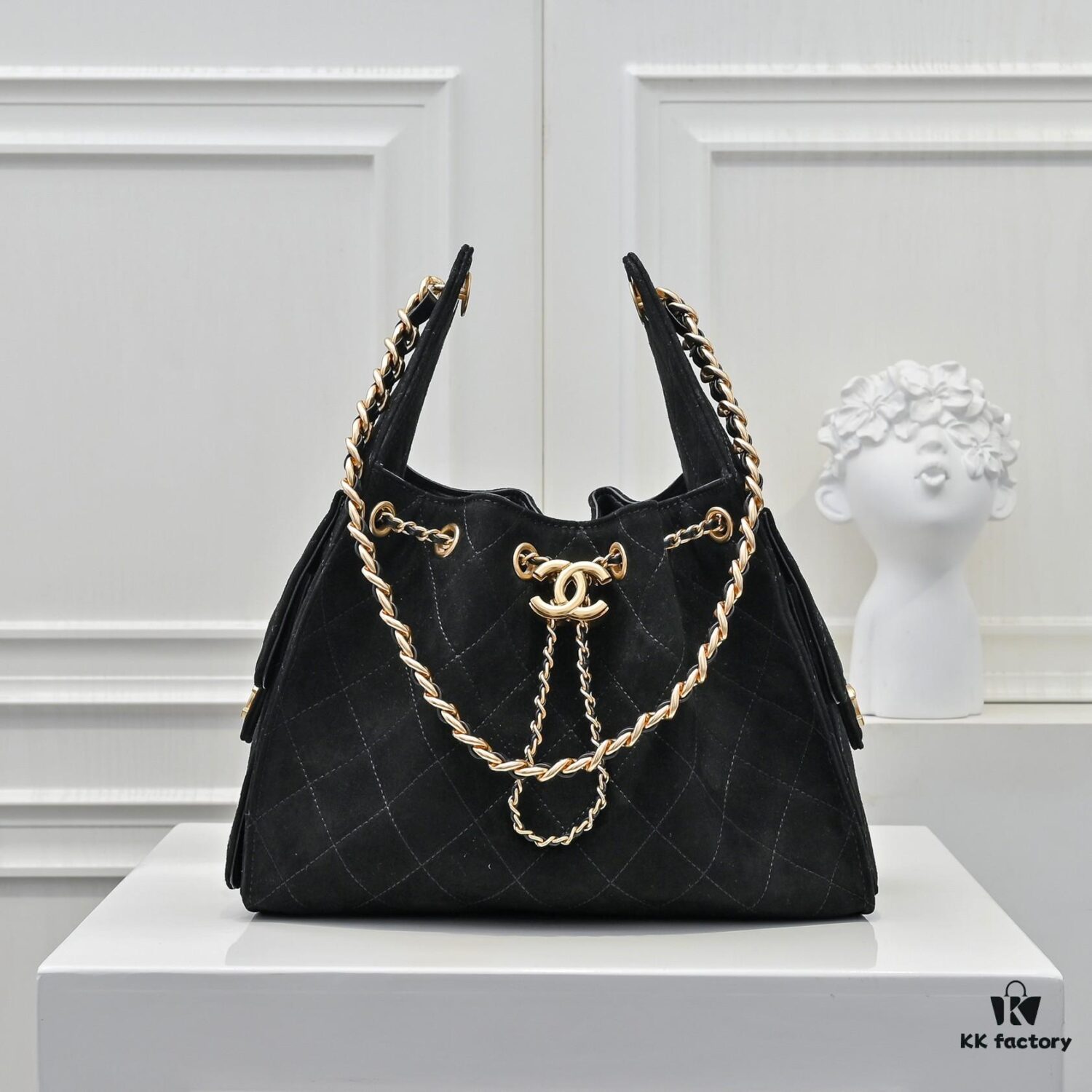Upgraded Chanel 25C Hobo Bag in Sanded Calfskin - Mini Fringe Shoulder Bag with Vintage Coin Toggle Drawstring, Quilted Design, Retro Black and Gold Hardware, Classic Chain Detail