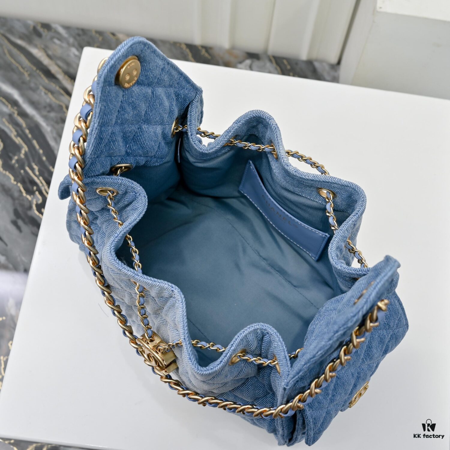 Upgraded Chanel 25C Style Washed Gradient Denim Hobo Bag - Mini Vintage Hipster Crossbody Bucket Bag with Coin Buckle Drawstring, Quilted Pattern, Retro Black-Gold Trim and Classic Chain Strap