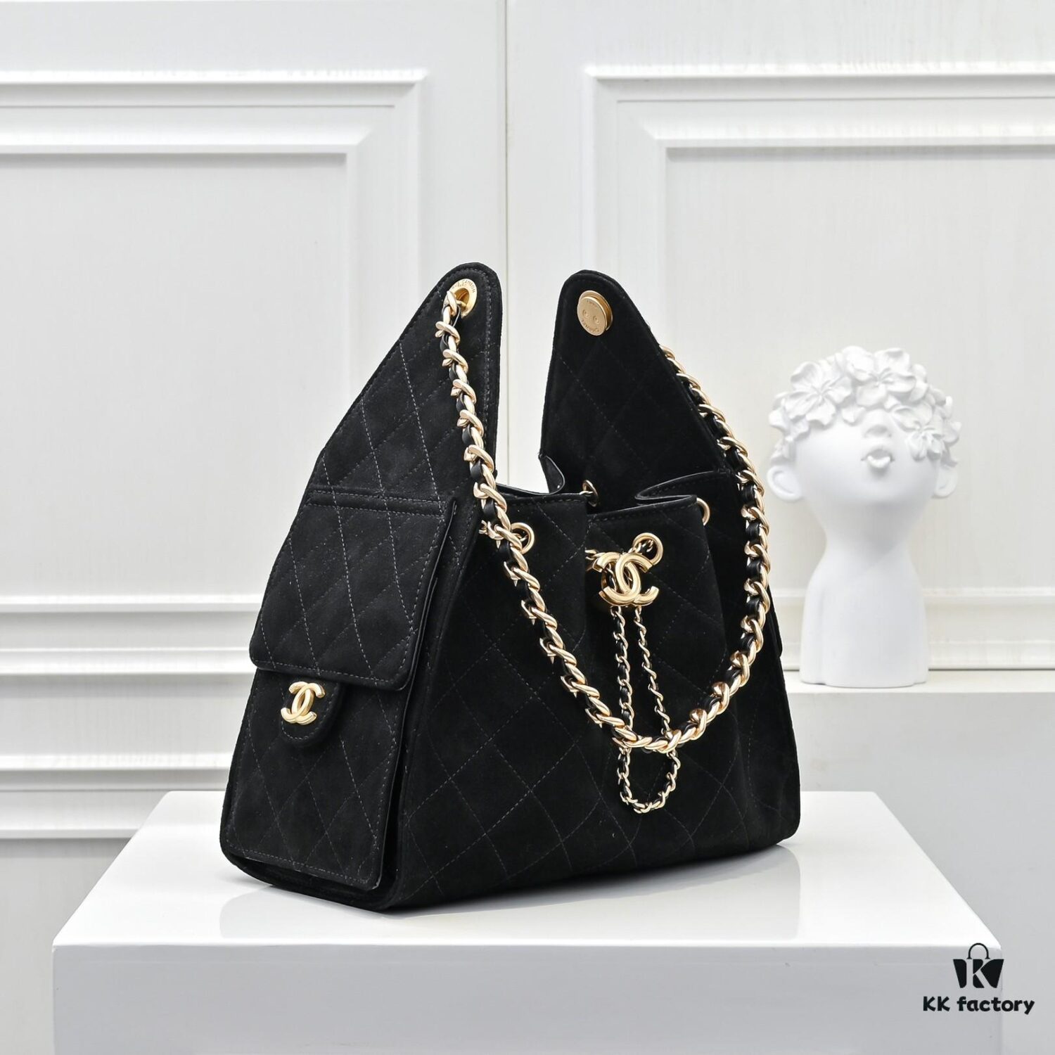 Upgraded Chanel 25C Hobo Bag in Sanded Calfskin - Mini Fringe Shoulder Bag with Vintage Coin Toggle Drawstring, Quilted Design, Retro Black and Gold Hardware, Classic Chain Detail