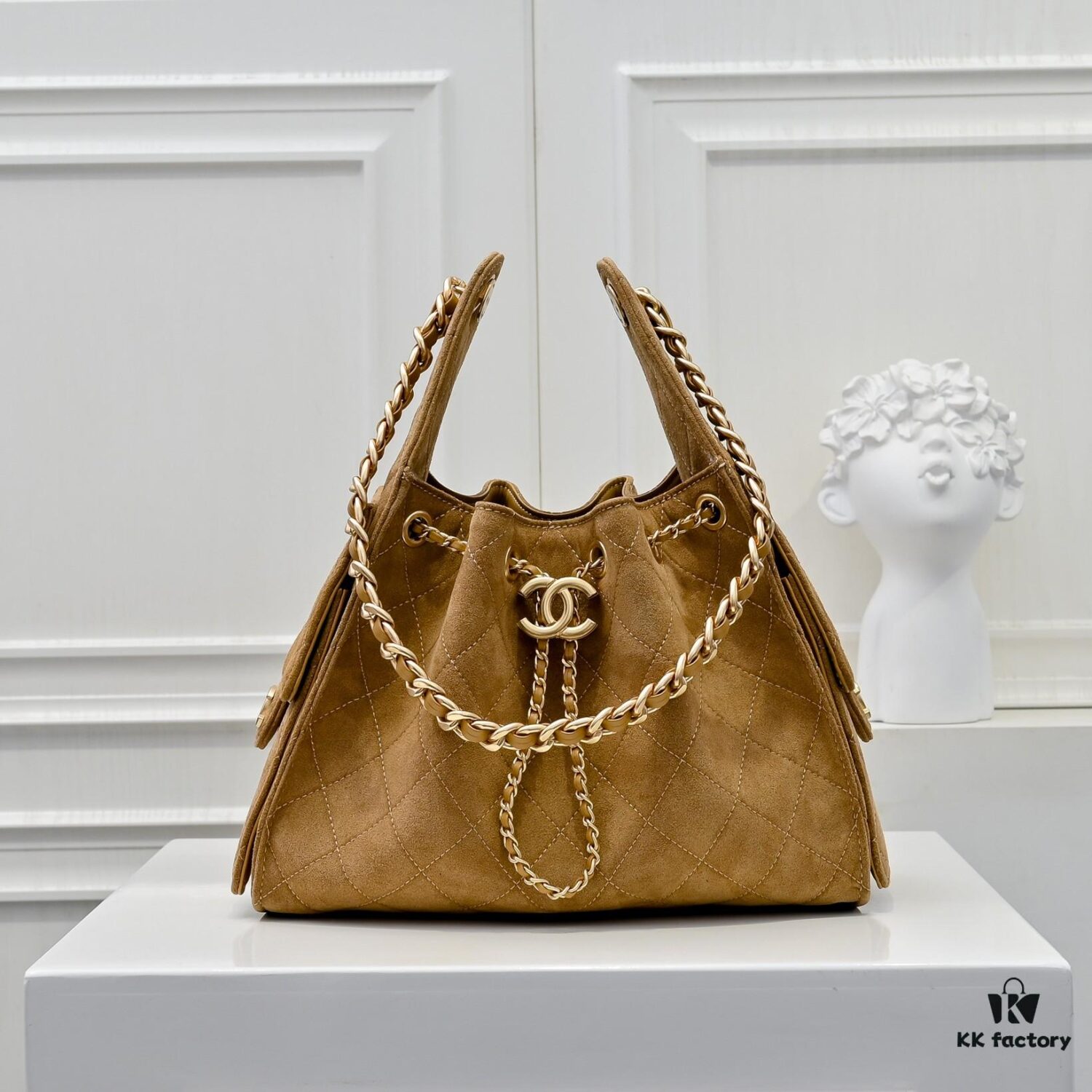 Upgraded Chanel 25C Hobo Bag in Sanded Calfskin - Mini Fringe Shoulder Bag with Vintage Coin Toggle Drawstring, Quilted Design, Retro Black-Gold Finish, Classic Chain Strap