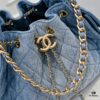 Upgraded Chanel 25C Style Washed Gradient Denim Hobo Bag - Mini Vintage Hipster Crossbody Bucket Bag with Coin Buckle Drawstring, Quilted Pattern, Retro Black-Gold Trim and Classic Chain Strap