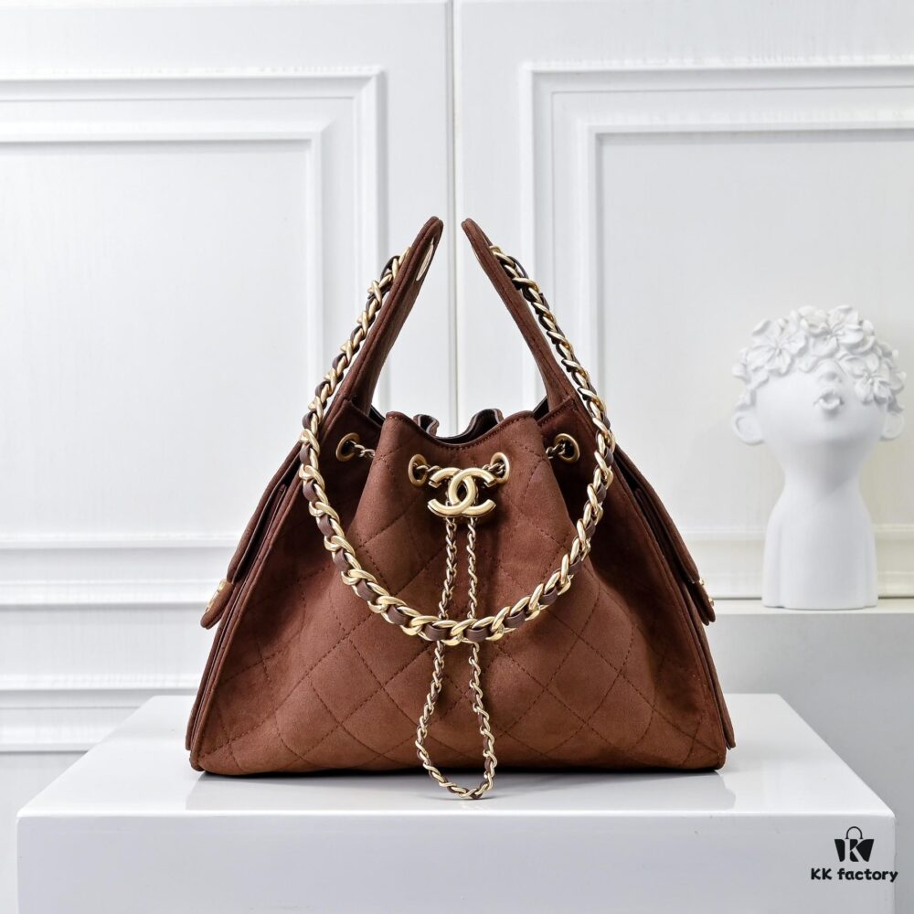 Upgraded Chanel 25C Hobo Bag in Saffiano Calfskin - Vintage Buckle Drawstring Bucket Bag with Quilted Design and Retro Gold-Tone Hardware