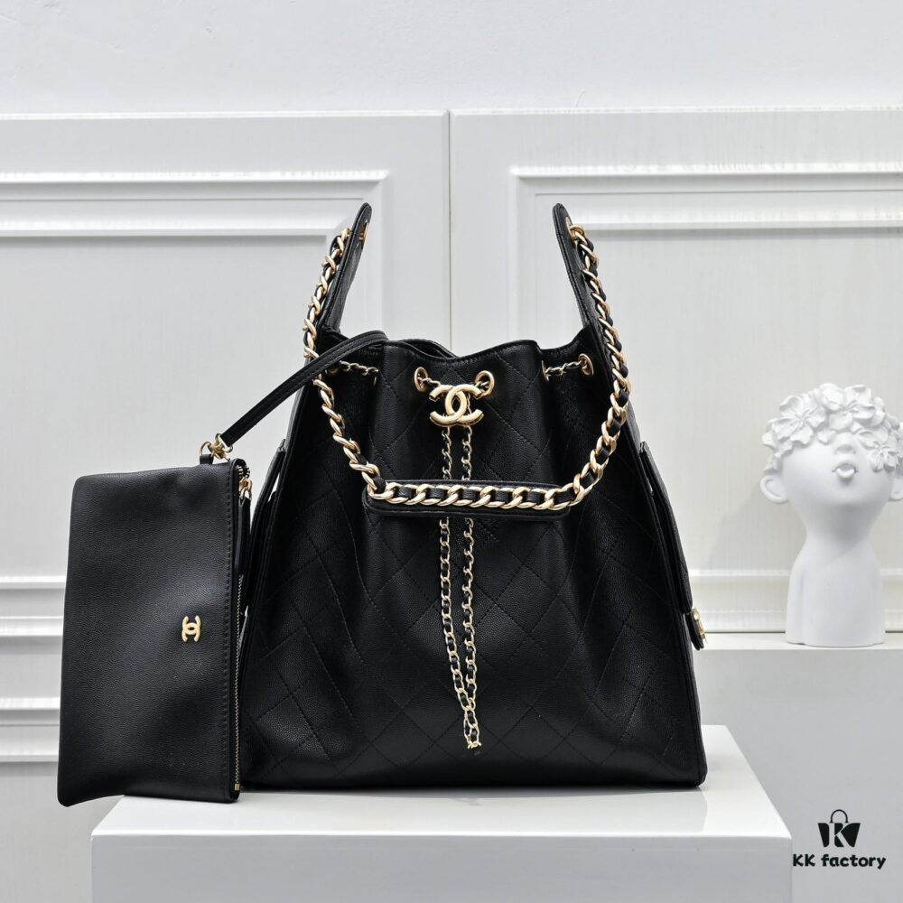 Large Upgraded Chanel 25C Hobo Bag in Quilted Calfskin with Vintage Gold-Tone Buckle Drawstring Bucket Design, Rhombus Stitching, Retro Black and Gold, Classic Chain Detail